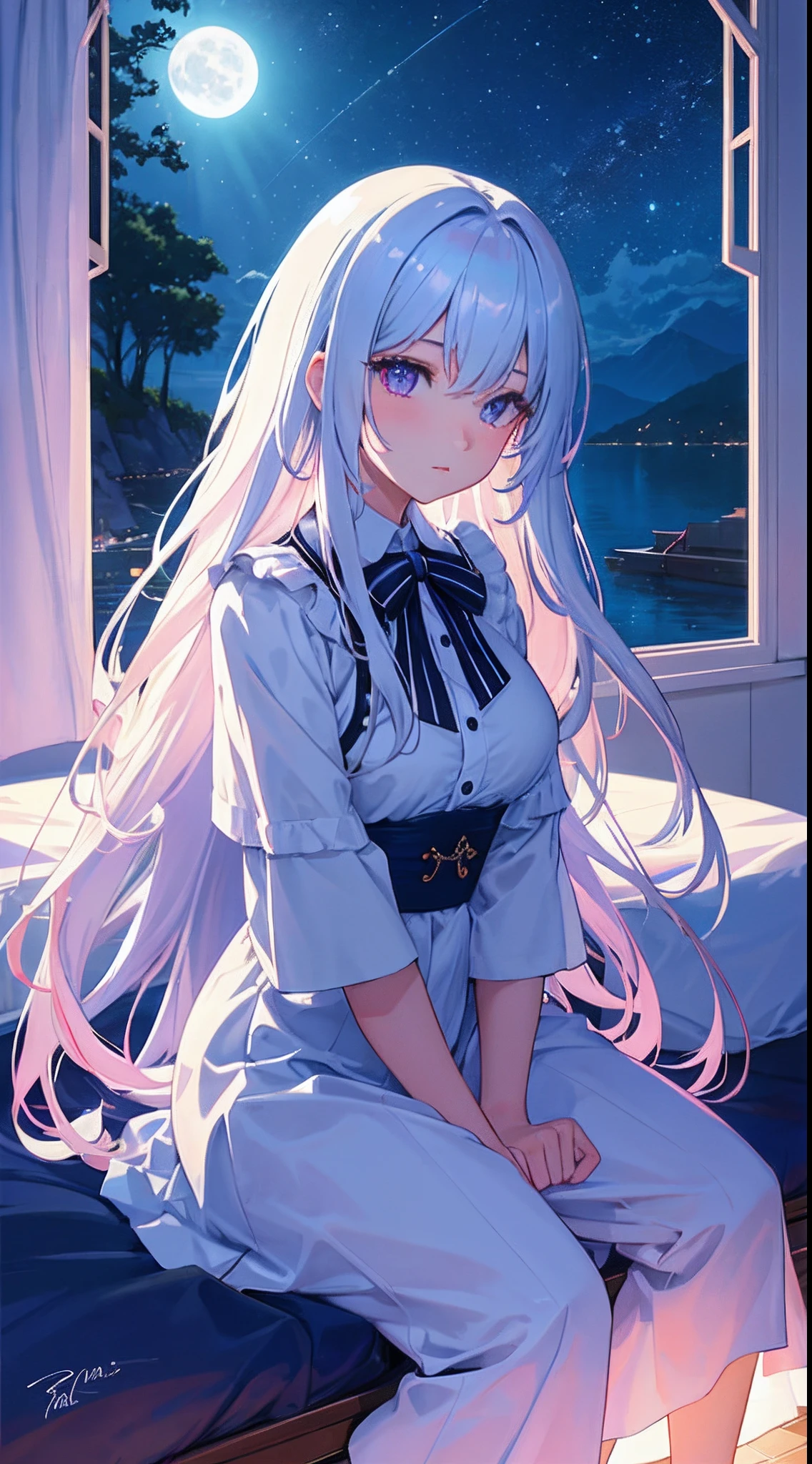 hight resolution, topquality, illustartion, cinematiclight, Ultra-detailed, detailized face (A detailed eye), beste-Qualit, overdetalization, tmasterpiece, (detailized face), 1 girl, A girl, white colored hair, violet eyes, Highest Details, vivid eyes, Average Breasts, Sitting in bed, seat, bed, window, night sky, A lake on the street, luna, full moon, back light, rays of light, (high contrast), (colourful),