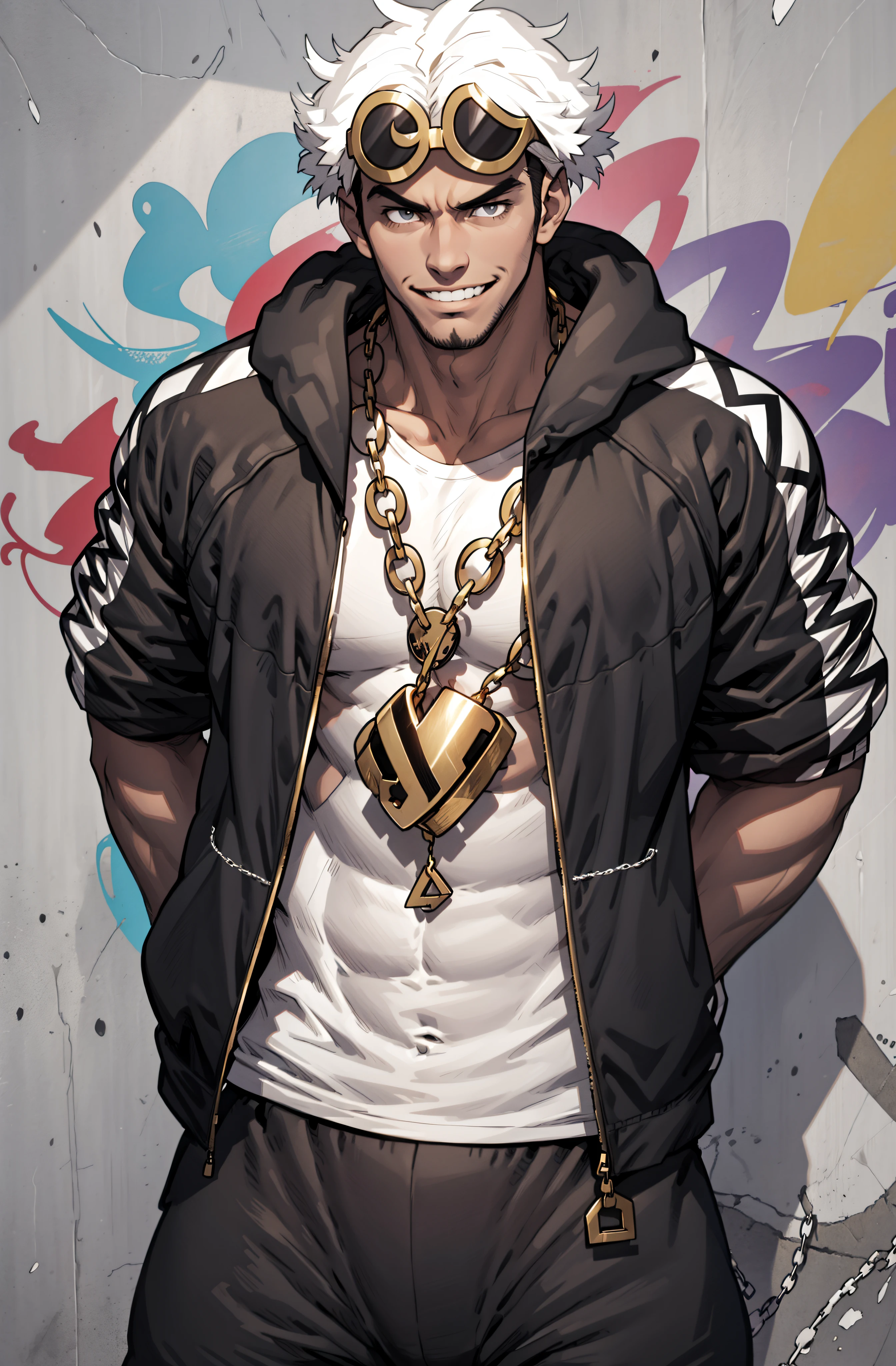 masterpiece, best quality, guzma \(pokemon\), smile, slouching, Muscular body, imposing body,Imposing appearance, muscular arms, muscular legs, only body, trapezoid torso, sturdy body, muscular body, defined round and fleshy pecs, defined washboard ABS, defined arms, muscular male,white shirt, black jacket, hoodie, black pants, gold chain, graffiti, concrete, dynamic pose