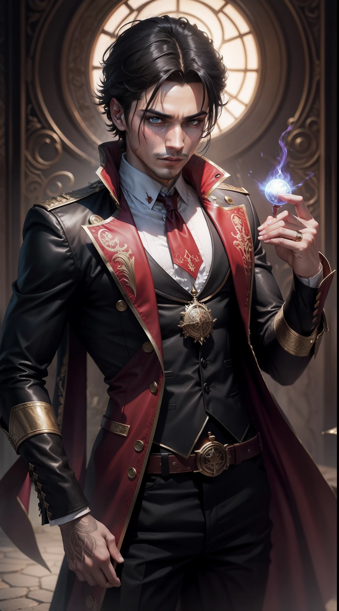 create the full-body image of an enigmatic 20-year-old English Lord Villain who has powers of ventriloquism and hypnosis