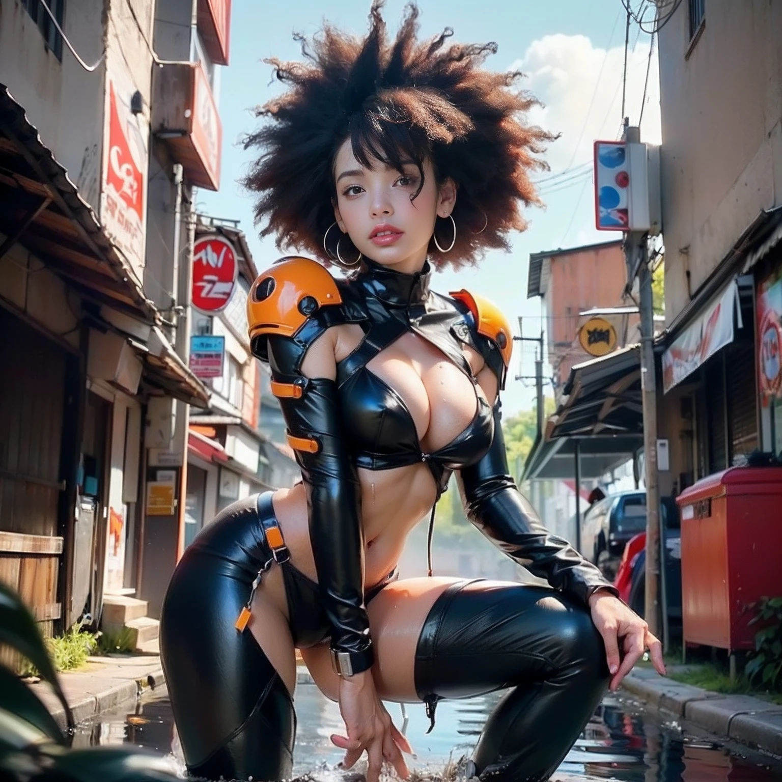 girl spacepunk,(((1girl))),((cute and beautiful afro haired girl)),((((black race)))),
(large breasts:1.4),saggy breasts,((((black afro hair:1.35,((afro hair:1.35)),afrohair,afro:1.35,dark hair,black hair,)))),medium hair,((heterochromia:1.5,eye1 orange,eye2 red,perfect eyes,upturned eyes:1.3,beautiful detailed eyes,finely detailed beautiful eyes:1,big highlight on eyes:1.2)),((fat)),((((tan,dark skin,black skin:1.35,dark-skinned_female,dark skin:1.3,ebony skin,lustrous skin:1.5,bright skin: 1.5,shiny skin,very shiny skin,shiny body,illuminated skin,wet legs)))),(spider lower abdomen,narrow waist,wide hip,athletic body,inflated legs,delicate detailed fingers),((hand consists of a short thumb and four fingers,hand with just five fingers,(detailed face))),
cute,slutty,sensual,seductive look,seductive,erotic,enchanting,(nsfw),
zettai ryouiki,revealing clothing,show skin,(wearing a mechanical space body armor:1.3,micro bikini,bare legs,an armored arm),((wet clothes, detailed outfit,detailed clothes)),
(dynamic pose:1.0),solo focus,embarrassed,(centered,scale to fit dimensions,Rule of thirds),
cyberpunk city by the ocean at night, with bright neon signs and dark stormy clouds and puddles,
High resolution, sharp focus, (ultra detailed, extremely detailed), (photorealistic artwork:1.37), 8k wallpaper,((synthwave background theme)),vibrant colors,(intricate),masterpiece,(best quality),