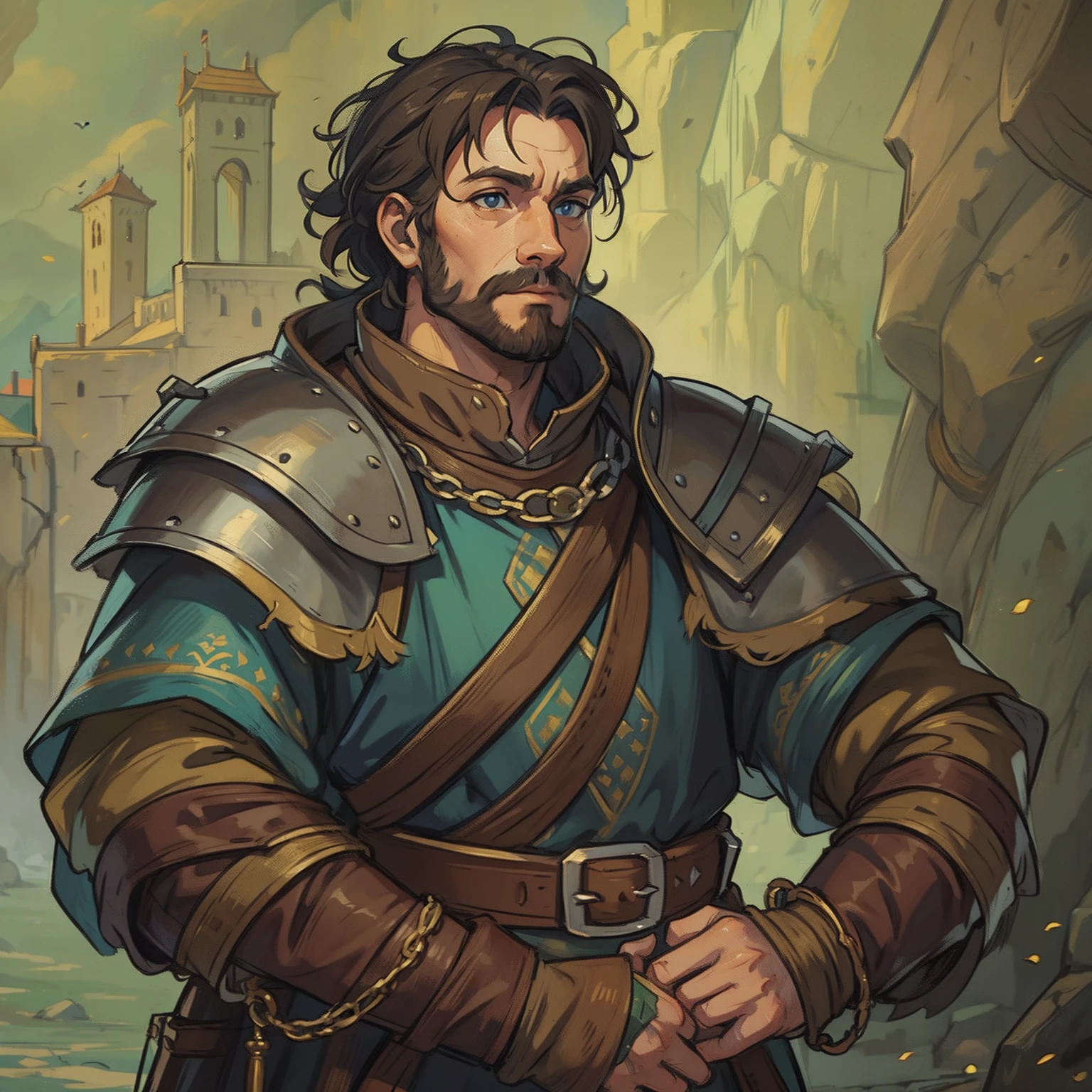 a portrait of a random character, an NPC for a medieval RPG wearing medieval costumes in a medieval art RPG art, a rough detail art