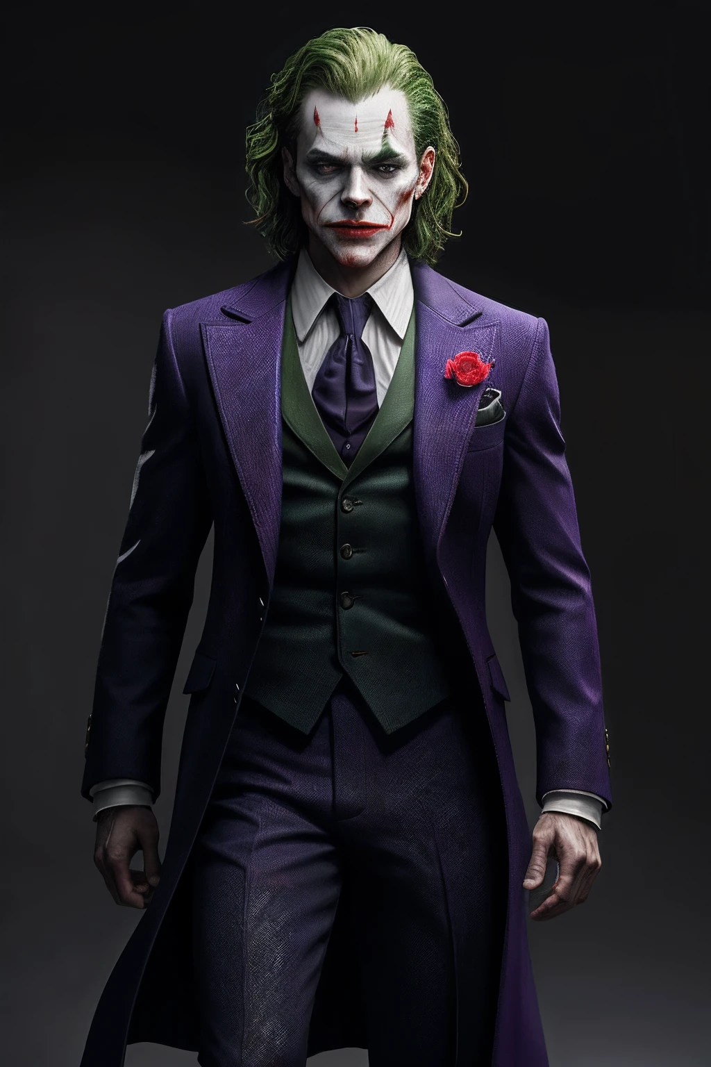 (8k, RAW photo, best quality, masterpiece:1.2), ultra detailed, official art, photo-realistic:1.37, upper body shot, DC Joker, film grain, action pose