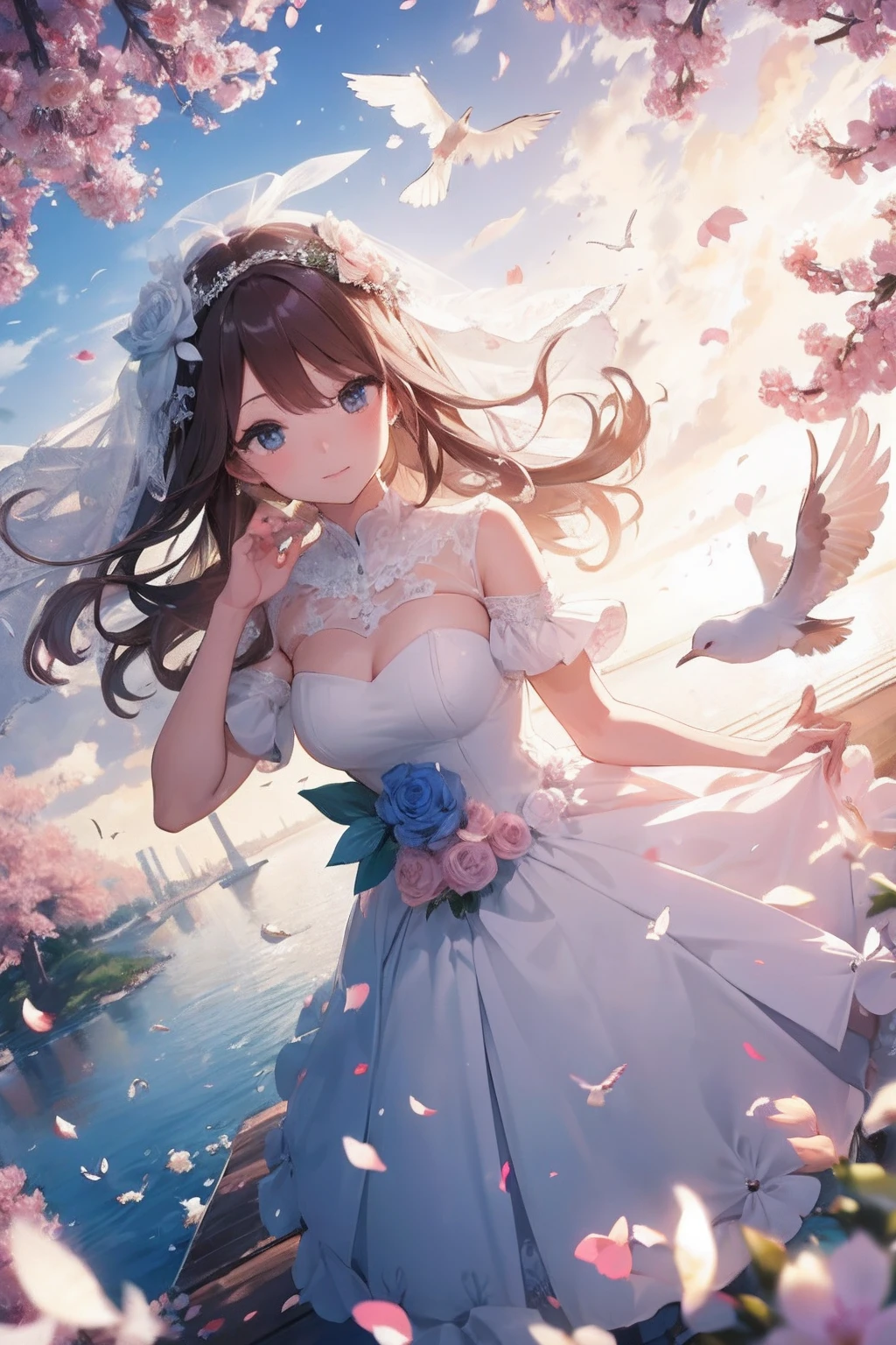 Wedding, bird's-eye view, flying petals, flying doves, dynamic angle --auto