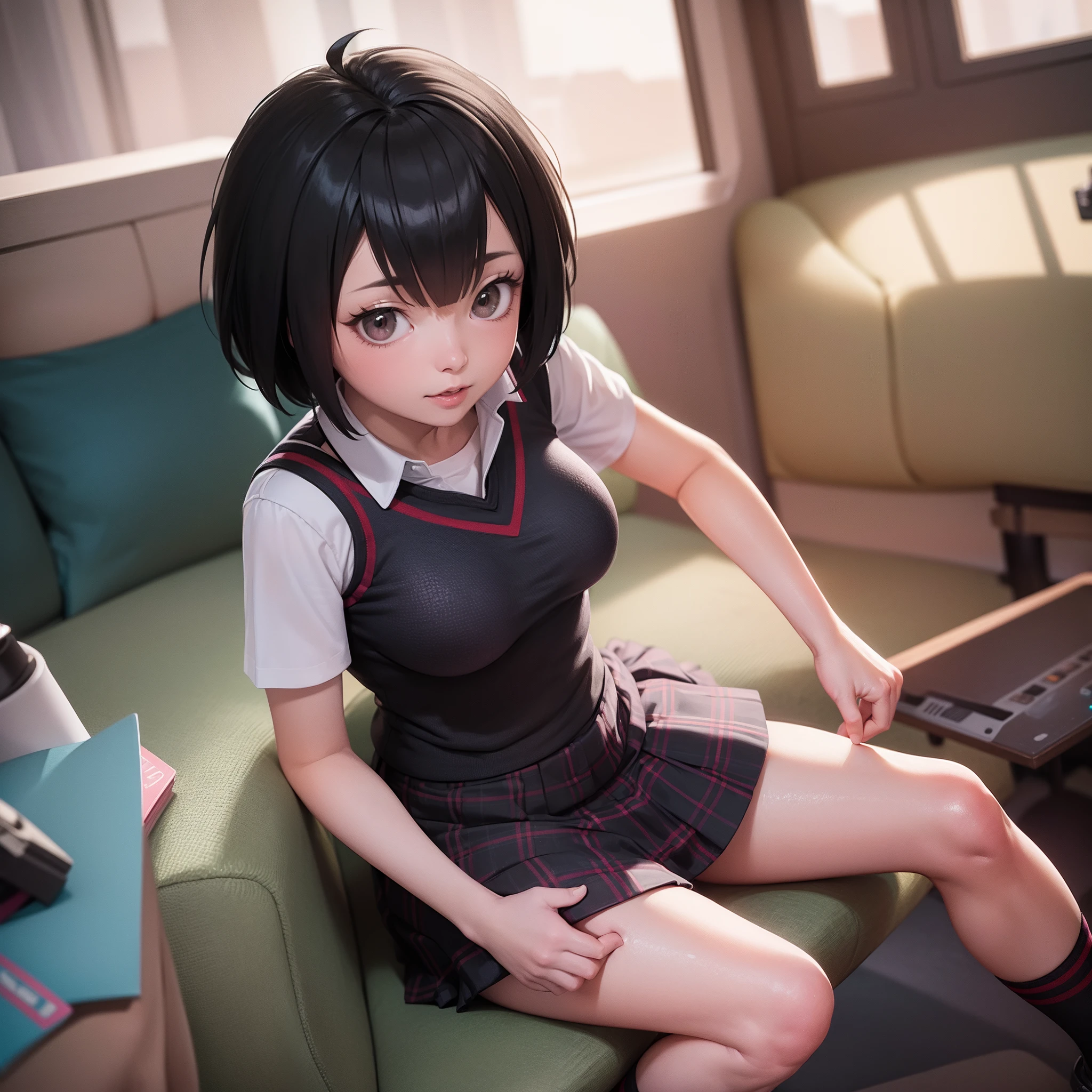 (masterpiece), best quality, expressive eyes, perfect face,skirt, peniparker, w sitting, arms between legs, both arms between legs, adult looking, big breast, good breast,crossing leg