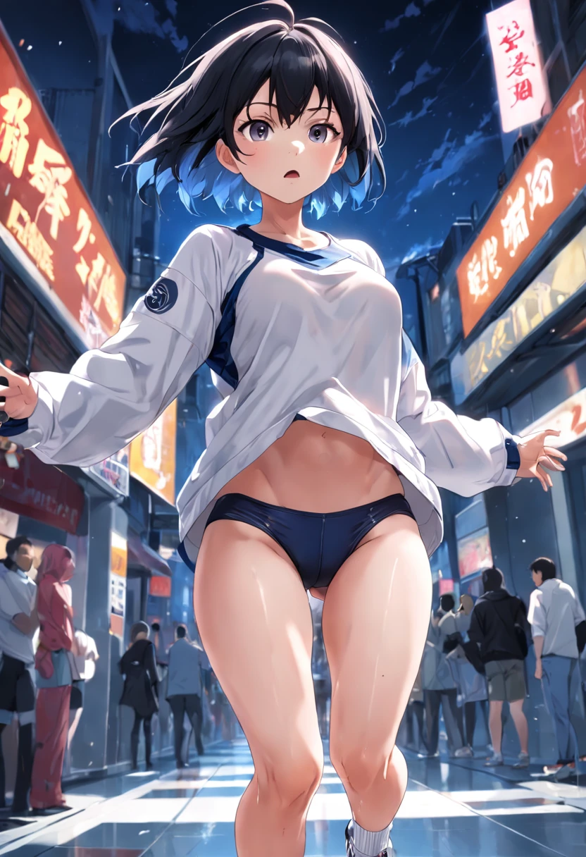 ((masterpiece, best_quality)), (photorealistic:1.4), solo, 1 girl, white_background, black_hair, SHORT_hair, zettai_ryouiki, loose long sleeve T-shirt, (outline of the nipple can be seen through the clothes), areola bulge, Chuck Taylor, crotch gap, running shorts, crotch barely seen, cameltoe ,s