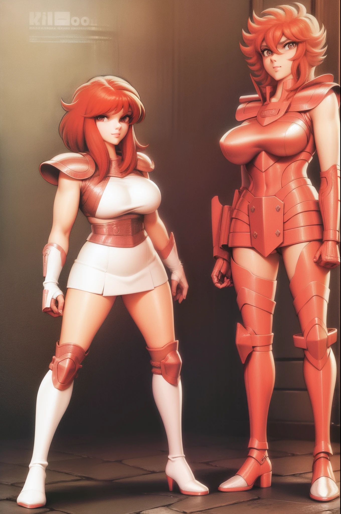 tomboy, full armor ,big breast, full body, red hair, smile, boots