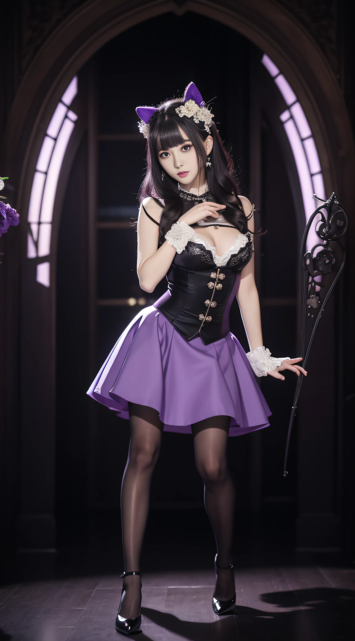 Charming beauties、blouse、pleatedskirt、black pantyhose、Black flower hair ornament、charming oval face、二重まぶた、Clear eyes、Purple eyeshadow、Purple Lipstick、Beautiful thin legs、toned ankles、The ultra -The high-definition、The ultra-detailliert、Elegant standing figure、Create a slender lower body curve、Expressing adult femininity、top-quality、8K、ultra-detailliert、soio、9 head body、Night、Move ki、The Darkness、seductiv、brainwashed、Evil Fall、wicked