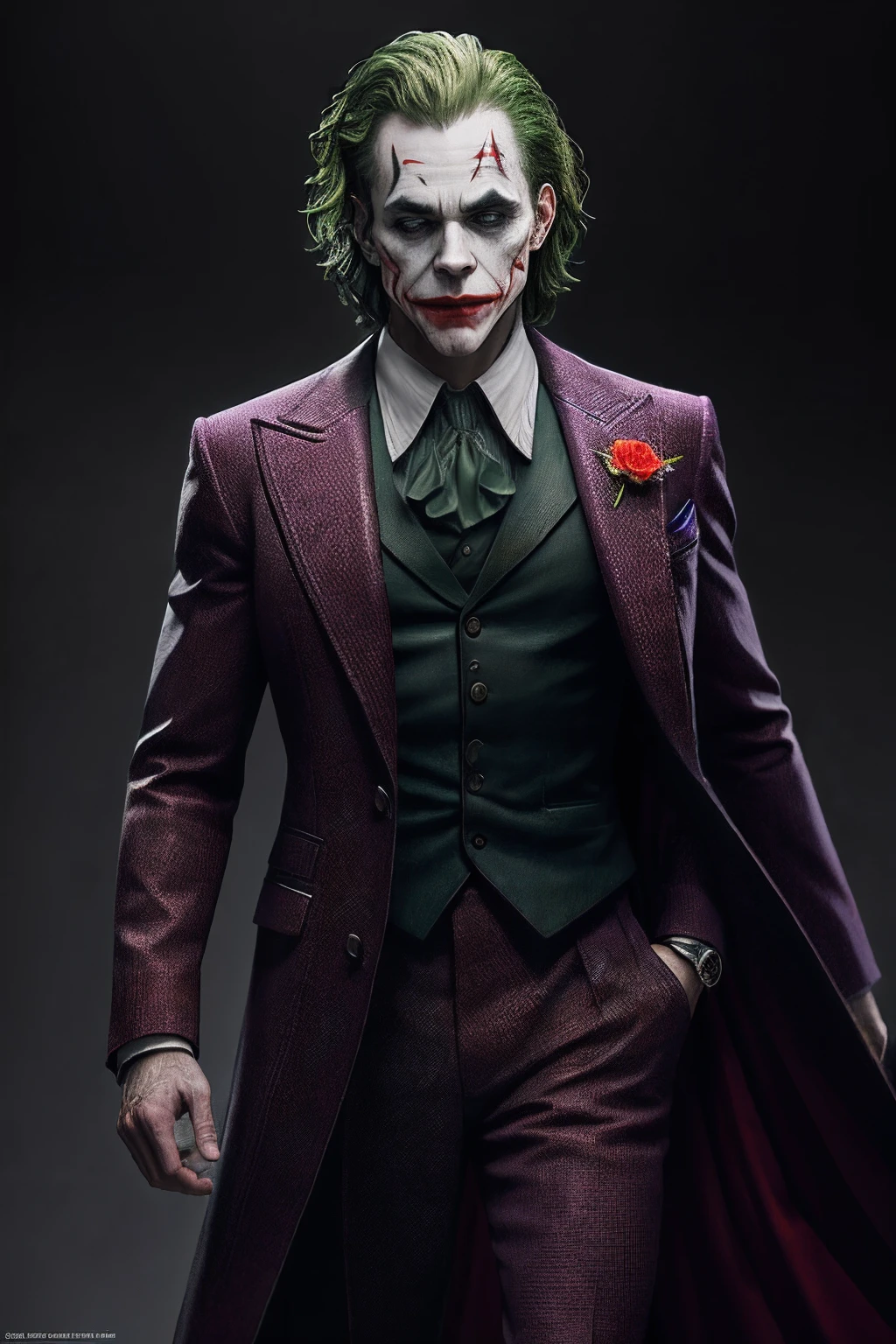 (8k, RAW photo, best quality, masterpiece:1.2), ultra detailed, official art, photo-realistic:1.37, upper body shot, DC Joker, film grain, action pose