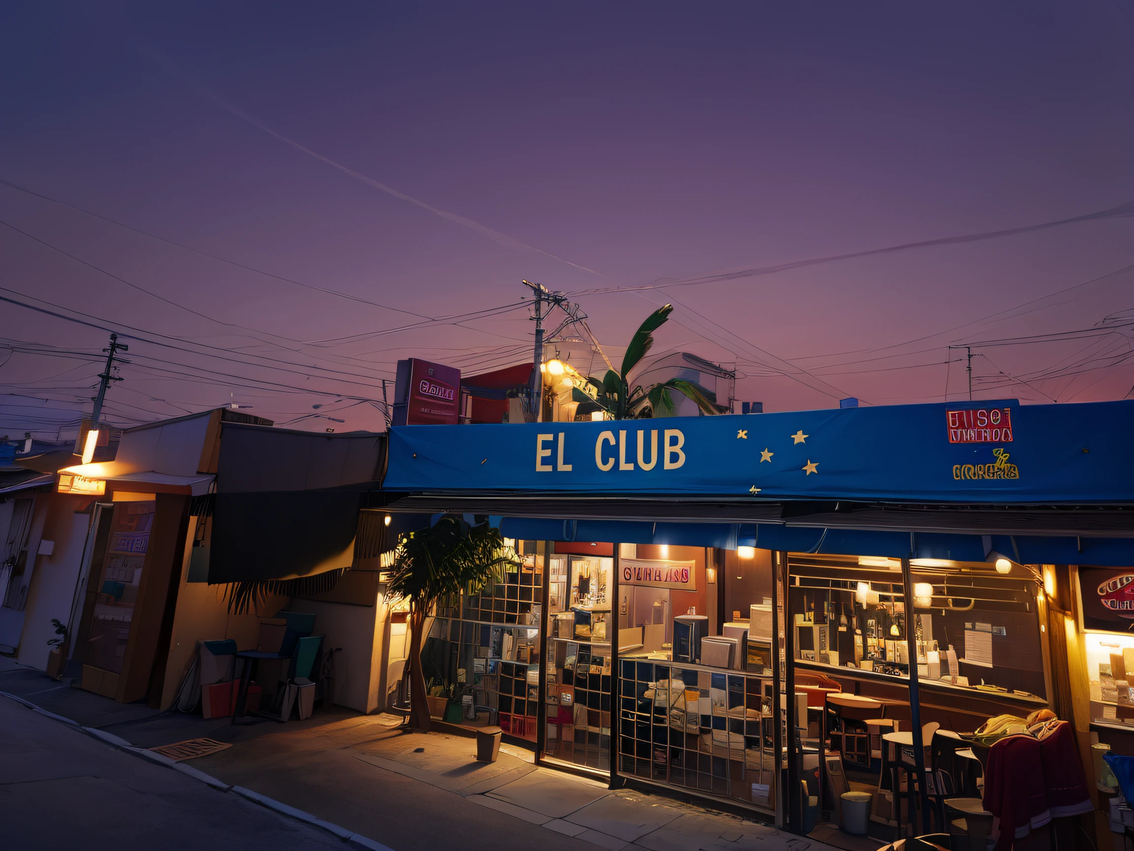 un salon comercial, de noche, cielo estrellado, publicidad, luces
