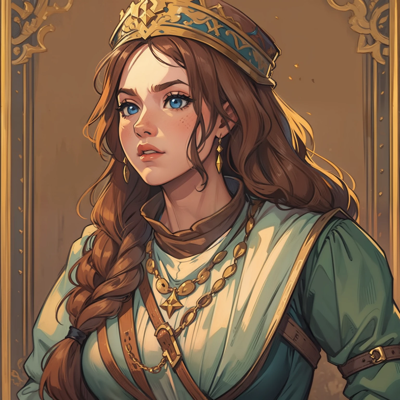 a portrait of a random curvy woman, an NPC for a medieval RPG wearing medieval costumes in a medieval art RPG art, a rough detail art