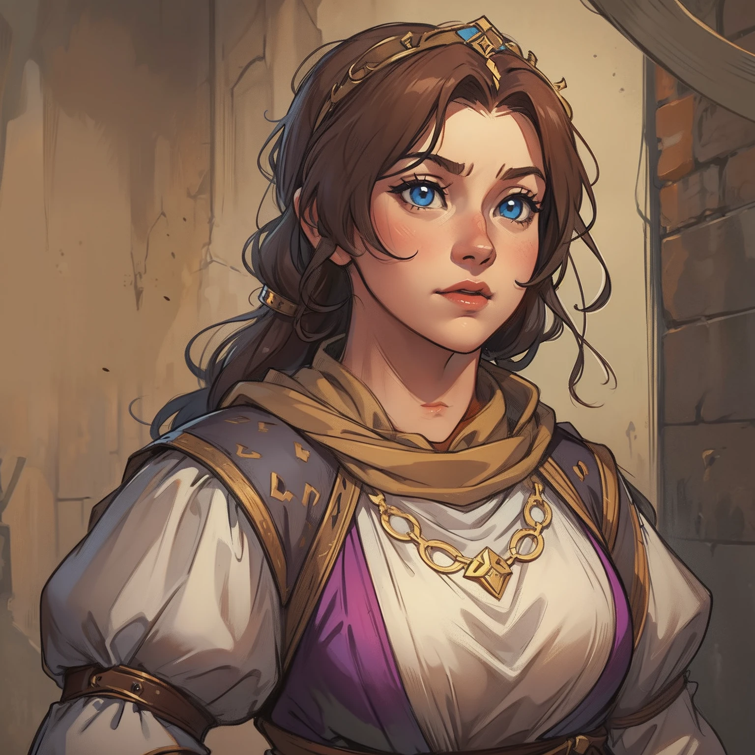 a portrait of a random curvy woman, an NPC for a medieval RPG wearing medieval costumes in a medieval art RPG art, a rough detail art
