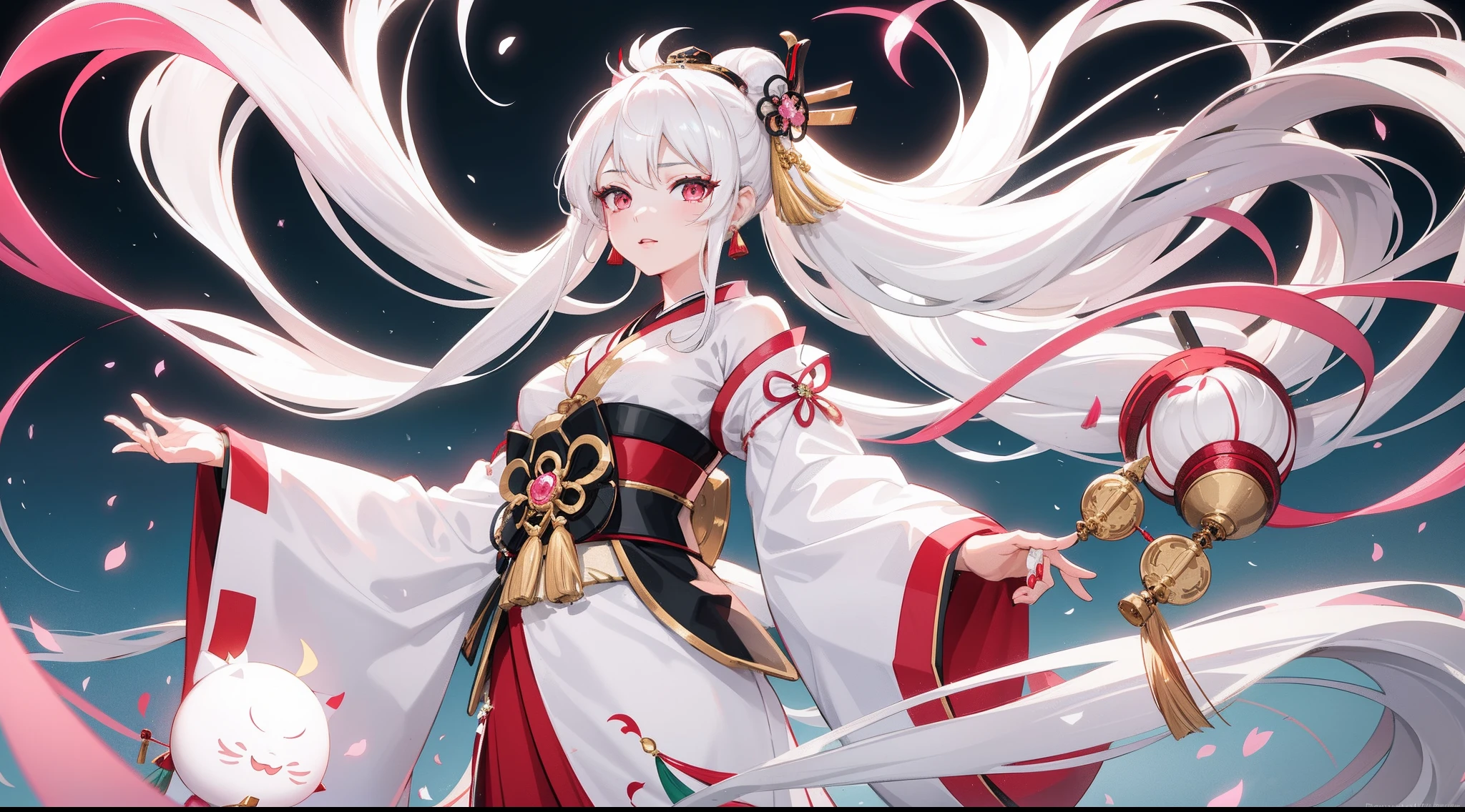 Girl with flowing long white hair, white eyes, in a white kimono, holding a katana