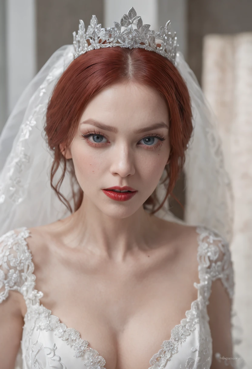 arafed, high details, best quality, 16k, [ultra detailed], masterpiece, best quality, (extremely detailed), dynamic angle, ultra wide shot, RAW, photorealistic, a wide angle picture of a vampire bride biting her groom, a [female vampire] bride (best details, Masterpiece, best quality) vampire female in a white wedding gown with bloody gown (best details, Masterpiece, best quality: 1.5), best detailed face (best details, Masterpiece, best quality: 1.5), ultra feminine, grey skin, red haired, long hair, wedding hair cut style, blue eyes, intense eyes, wearing white latex wedding dress bloody gown (best details, Masterpiece, best quality: 1.3), wearing white high heels, in the honeymoon suite (best details, Masterpiece, best quality: 1.4), biting the the groom, bloody face, BREAK a beautiful human man (best details, Masterpiece, best quality: 1.5), ultra detailed face (best details, Masterpiece, best quality: 1.4), wearing a wedding tuxedo (best details, Masterpiece, best quality), honeymoon suite background, Ultra-Wide Angle, high detail, award winning, best quality, HD, 16K, 3D rendering, high details, best quality, highres, ultra wide angle, 3D rendering, [[anatomically correct]]
