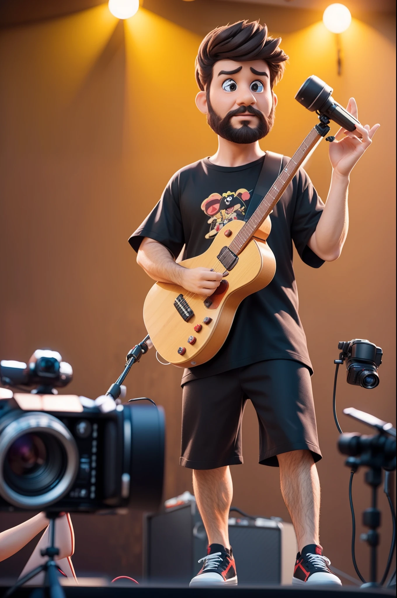 man, full body, with beard, large black longline shirt, with a camcorder in hand, holding cinema camera, in pixar puppet style, at music festival, filming a band, in disney 3d cartoon style.