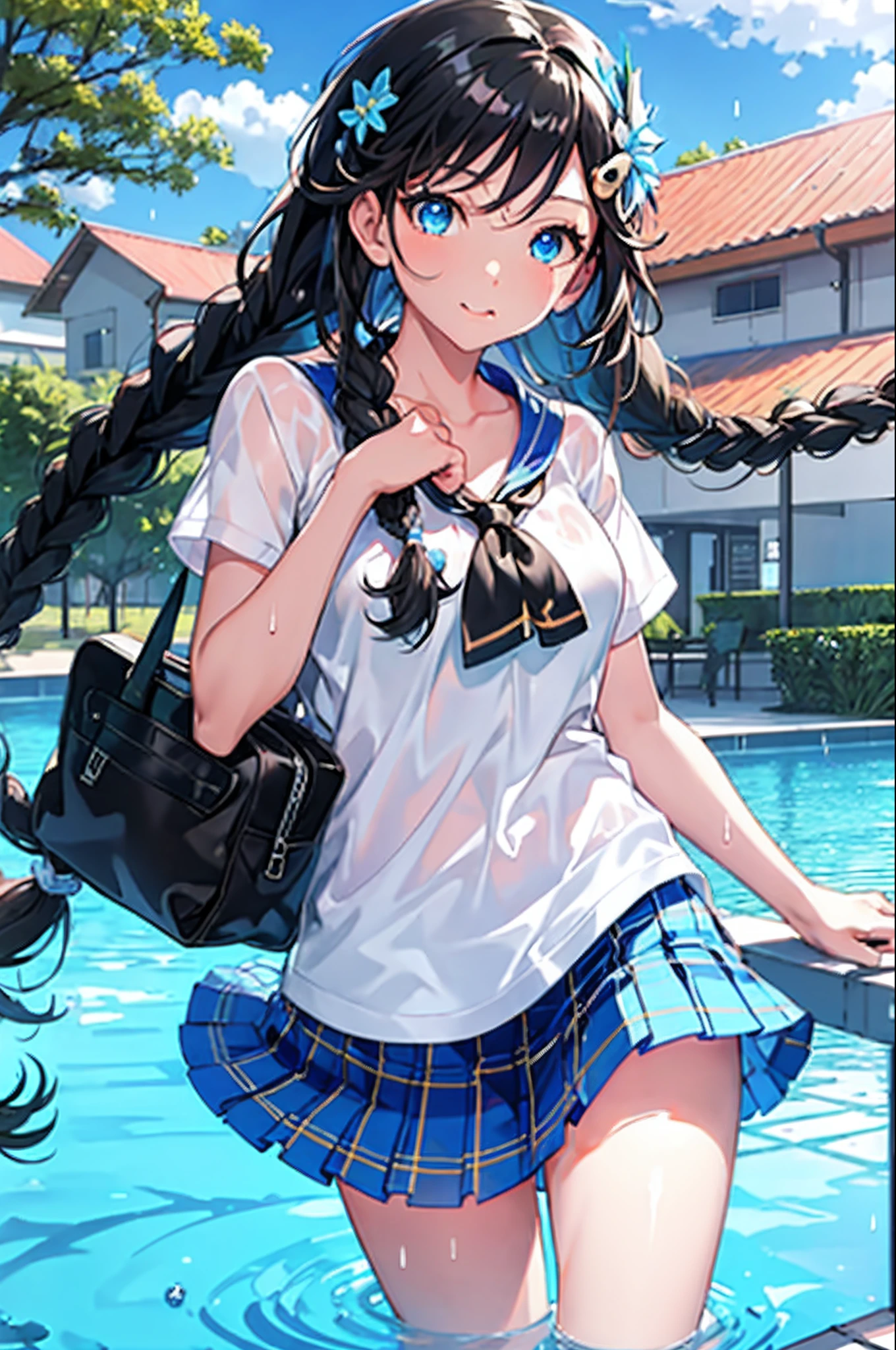 tazune rirei, masterpiece, best quality, twin braid hair, black hair, face close-up, shiny aqua eyes, (white plain t-shirt), rainy day, pool, bokeh, outdoors, blue plaid skirt, embarrassed, looking up sky, wet, transparent