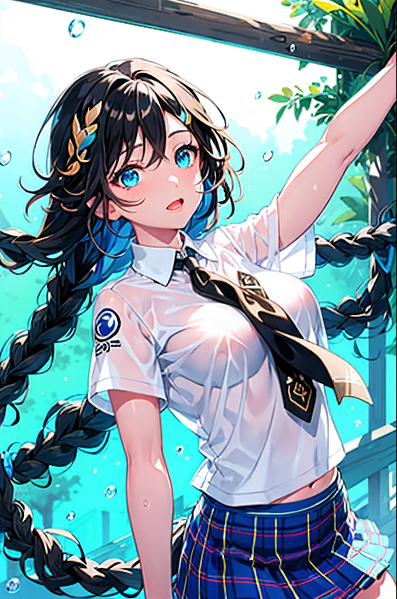 tazune rirei, masterpiece, best quality, twin braid hair, black hair, face close-up, shiny aqua eyes, (white plain t-shirt), rainy day, pool, bokeh, outdoors, blue plaid skirt, embarrassed, looking up sky, wet, transparent