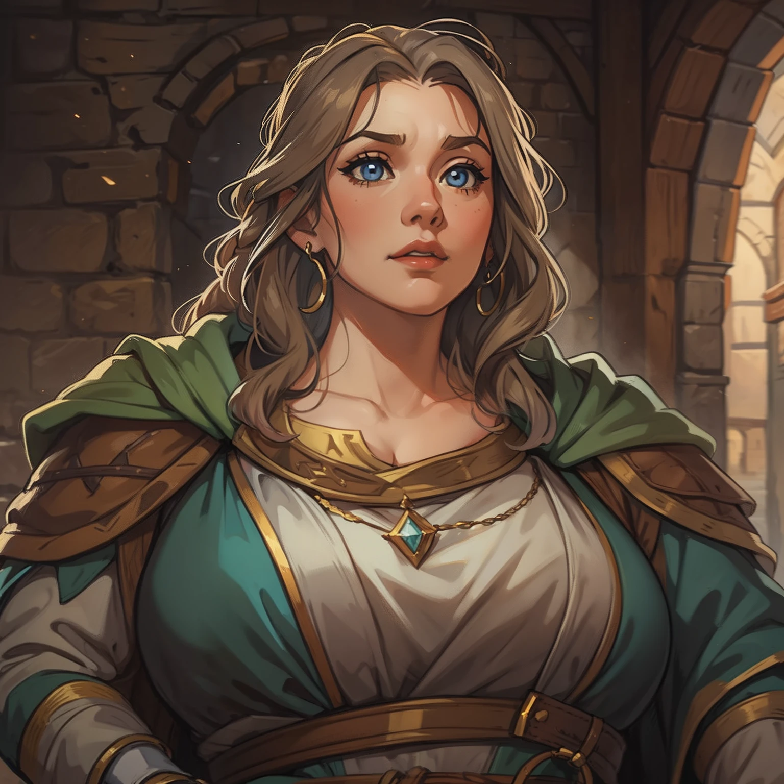 a portrait of a random curvy woman, an NPC for a medieval RPG wearing medieval costumes in a medieval art RPG art, a rough detail art