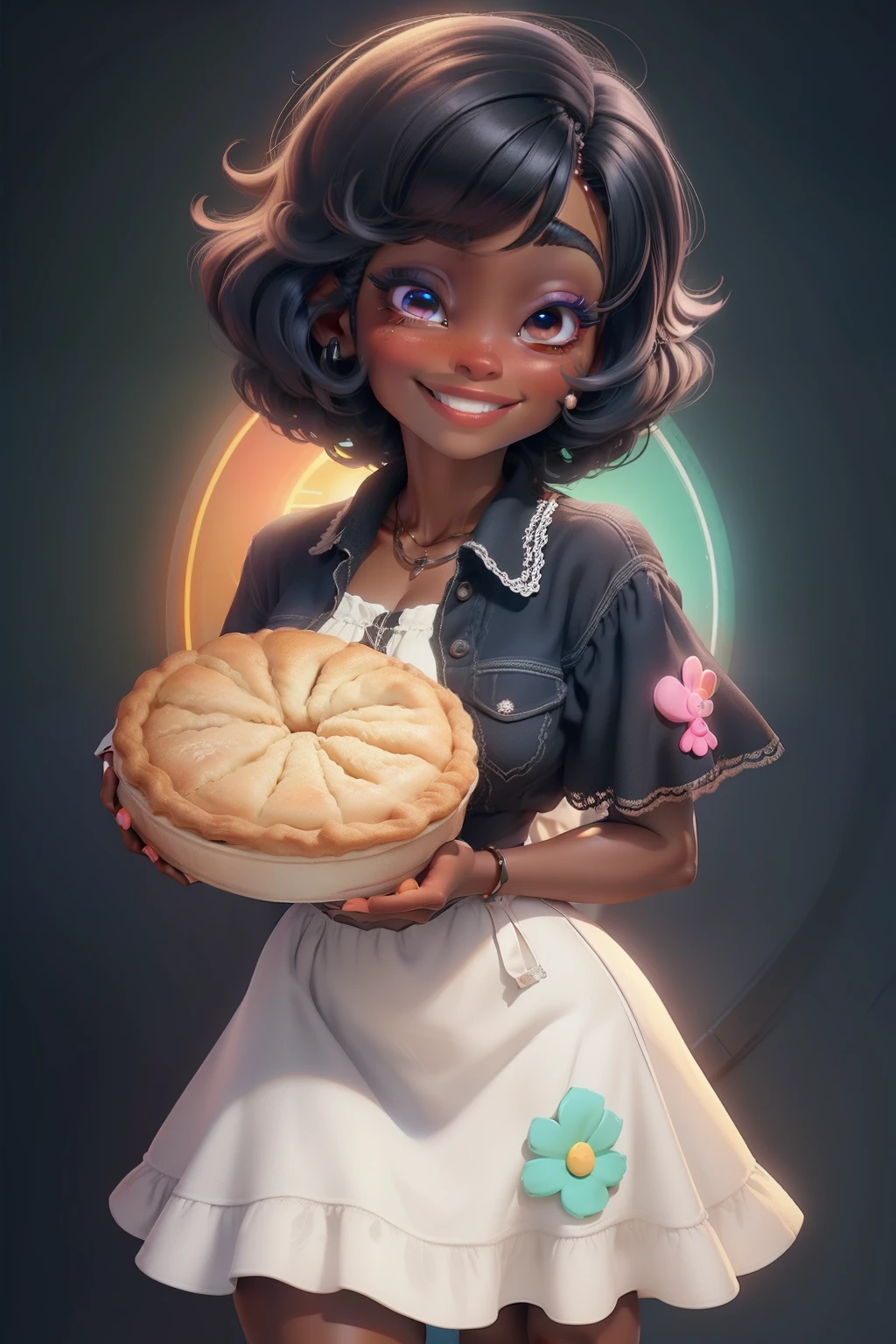 uma mulher negra de cerca de 40 anos com um grande sorriso, cabelos curtos lisos, olhos claros, holding a chicken pie, fofo, estilo disney, cores neon, fundo claro.
