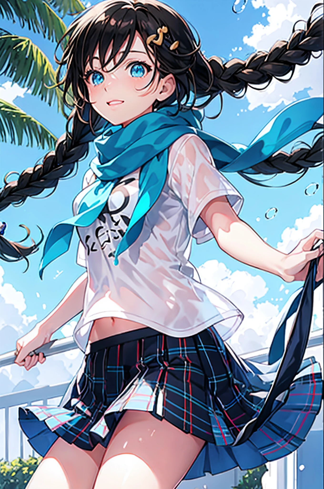 tazune rirei, masterpiece, best quality, twin braid hair, black hair, face close-up, shiny aqua eyes, (white plain t-shirt), rainy day, pool, bokeh, outdoors, blue plaid skirt, embarrassed, looking up sky, wet, transparent