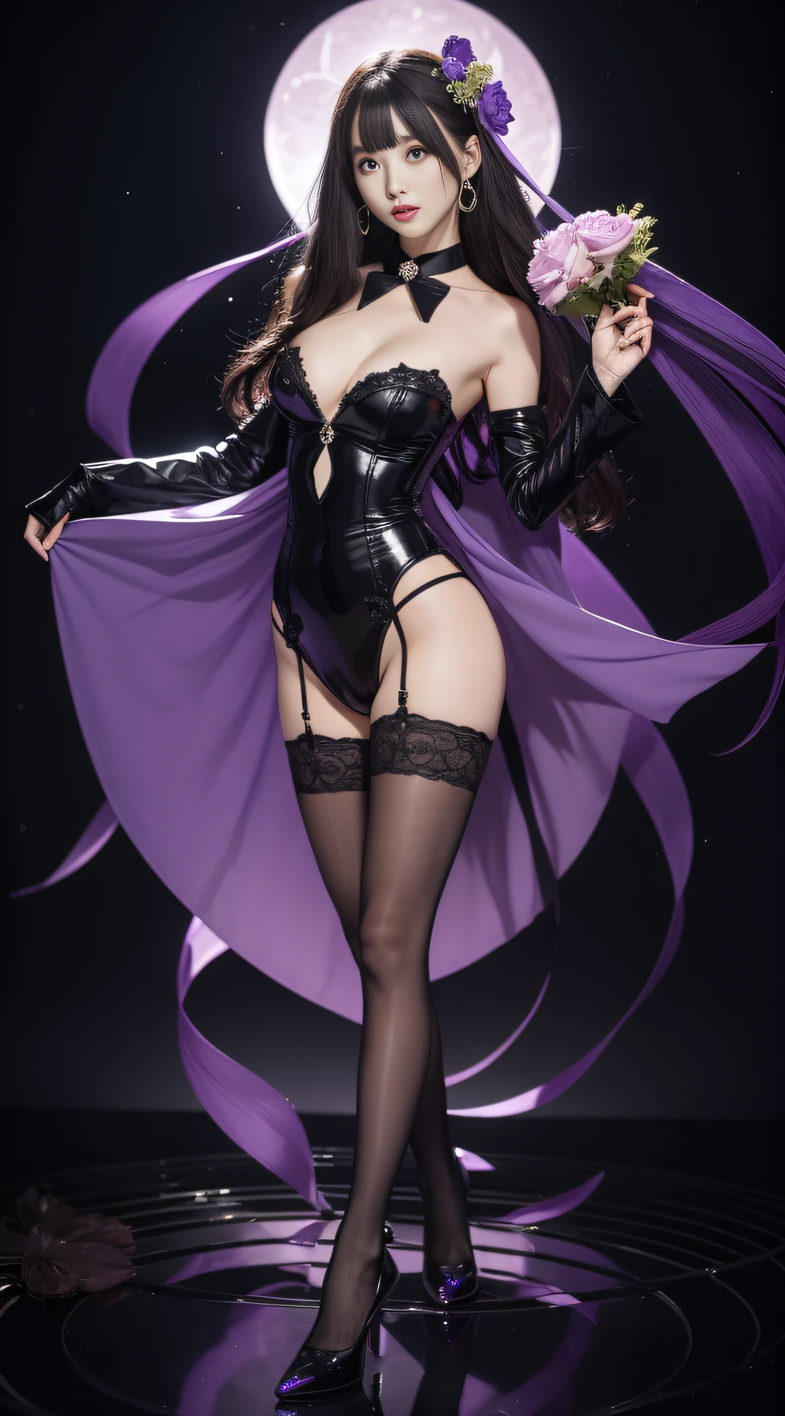 Charming beauties、blouse、pleatedskirt、black pantyhose、Black flower hair ornament、charming oval face、二重まぶた、Clear eyes、Purple eyeshadow、Purple Lipstick、Beautiful thin legs、toned ankles、The ultra -The high-definition、The ultra-detailliert、Elegant standing figure、Create a slender lower body curve、Expressing adult femininity、top-quality、8K、ultra-detailliert、soio、9 head body、Night、Move ki、The Darkness、seductiv、brainwashed、Evil Fall、wicked