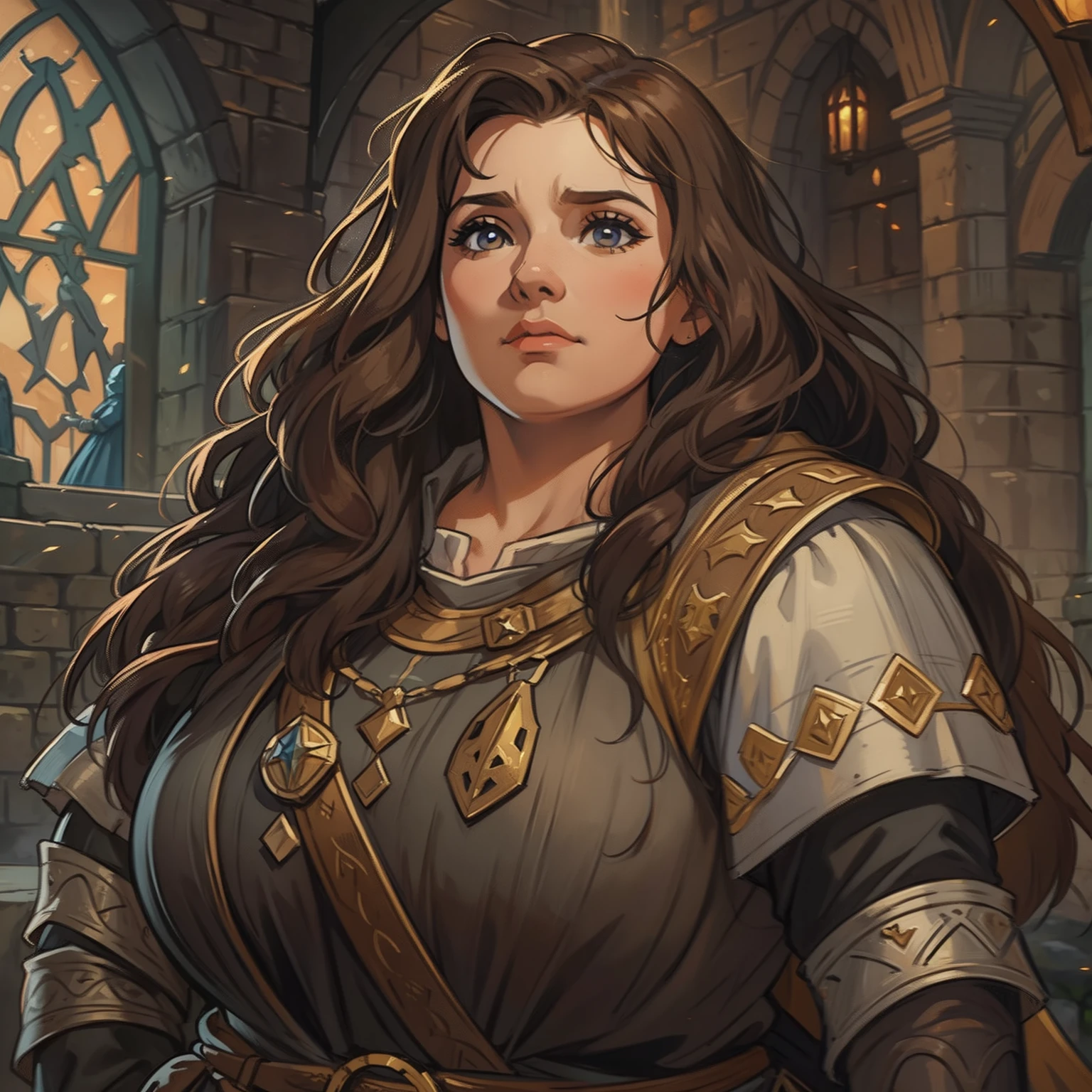 a portrait of a random plus size woman, an NPC for a medieval RPG wearing medieval costumes in a medieval art RPG art, a rough detail art