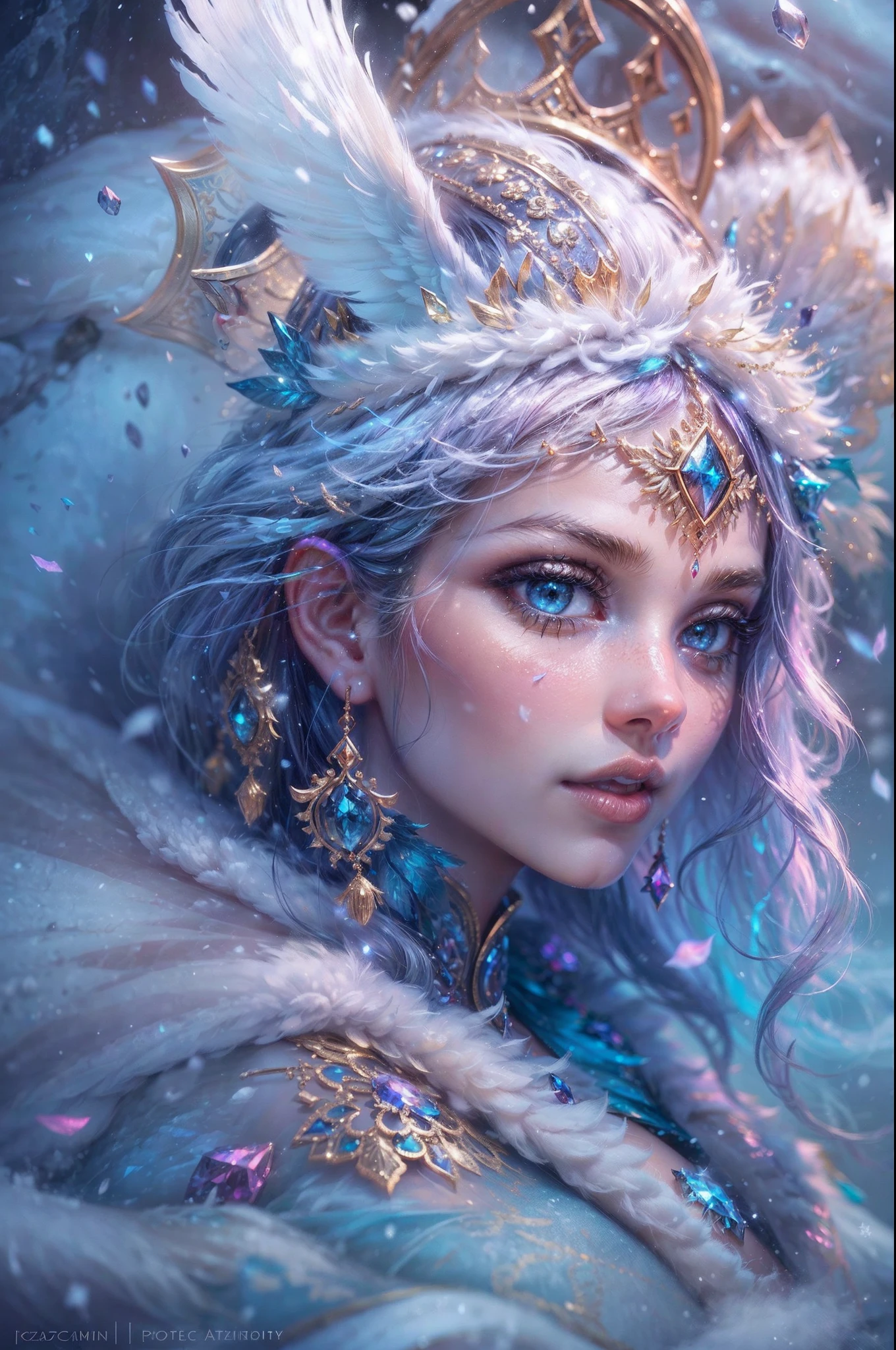 This is a realistic fantasy artwork taking place in a subzero cold winter landscape. Generate a stately, elegant, and graceful (((Pocahontas))) elf in a magical world of stunning gilded roses with multicolors and shimmering ice glittering in the light. Her face is elegant and middle-aged and includes realistic shading, incredibly detailed and distinct features, ((soft puffy and kissable mouth with a defined cupid's bow)), and (realistic eyes). (Her eyes are important) and should be (beautiful detailed eyes with macro details), realistic details, and a shifting array of beautiful blue colors. Her clothes should be delicately spun from weightless, airy, and expensive gossamer silk with delicate and very subtle floral embroidery, (((many warm layers))), and a variety of complementary colors as well as lots of luxurious fur. Her breasts are subtle and her clothing is very warm and heavy. This image is incredibly creative and emphasizes the beautiful detail of the gilded roses and the pure snow on the ornate ice. Include beautiful detailed snowflakes, icy air, and magical doves. Include pebbles, stones, bumps, glitter, and iridescence. Camera: Utilize dynamic composition techniques to draw the viewer into the scene. Lighting: Enhance the glitter of the snow and ice and emphasize the fantasy winter aspect of the image. Take inspiration from top masters of the genre and trending Midjourney and ArtStation art.