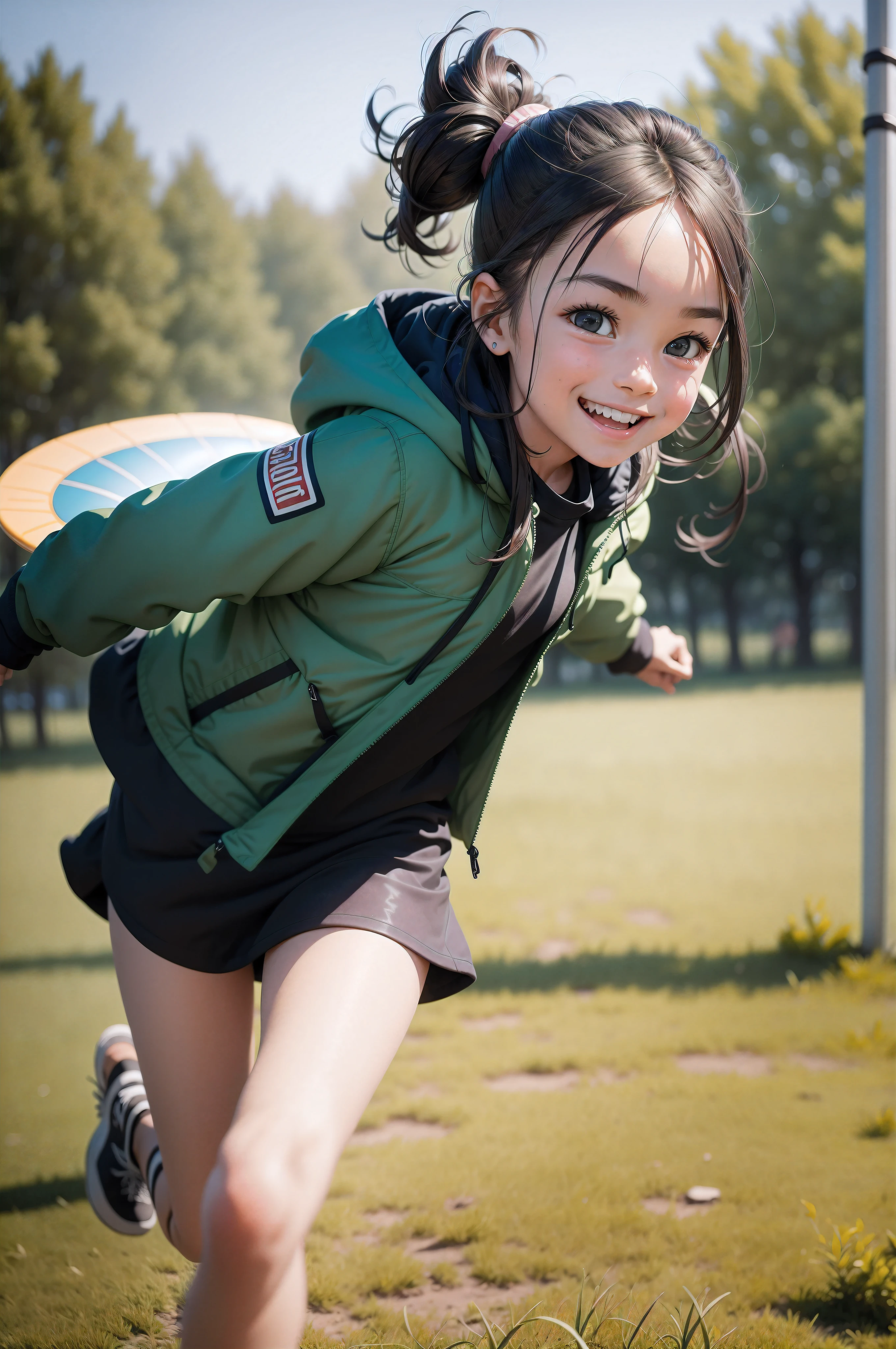 there is a young girl that is playing frisbee in the grass, blurry image, very blurry, not blurry, action shot girl in parka, crawling towards the camera, blurry footage, smiling for the camera, looking to camera, looks at the camera, blurry photo, looking back at the camera, running towards the camera, looking to the camera