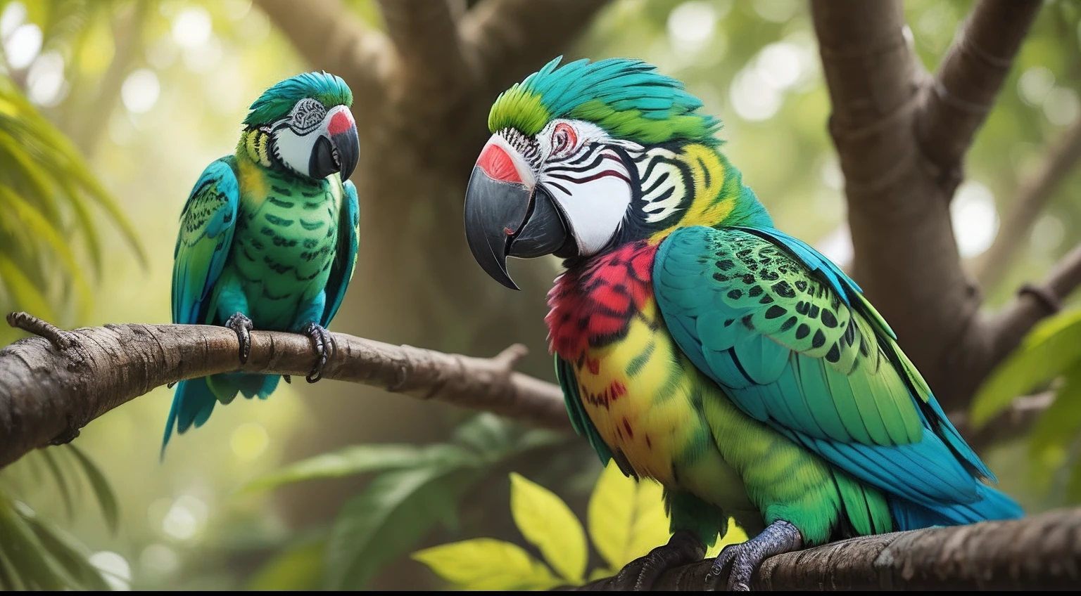 1 papagaio, ((parrot sitting on a tree)), Storytelling, fundo da selva