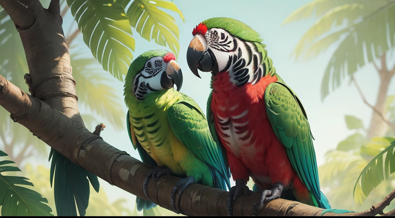 1 papagaio, ((parrot sitting on a tree)), Storytelling, fundo da selva