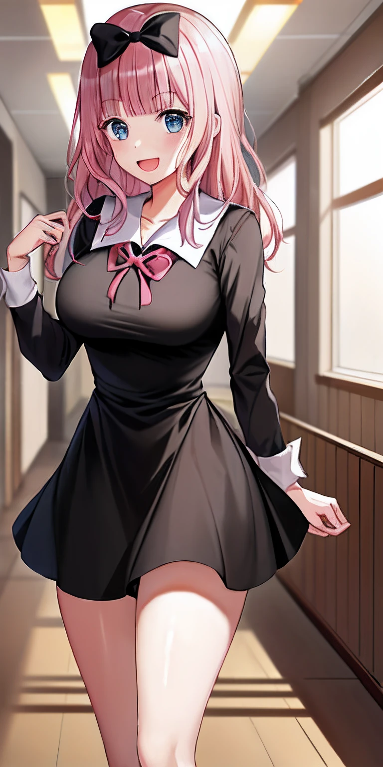 2d, masterpiece, best quality, anime, highly detailed, cowboy shot, 1girl, solo, fujiwara chika, blue eyes, pink hair, hair bow, black bow, school uniform, summer uniform, (large breasts), standing, indoors, hallway, :d