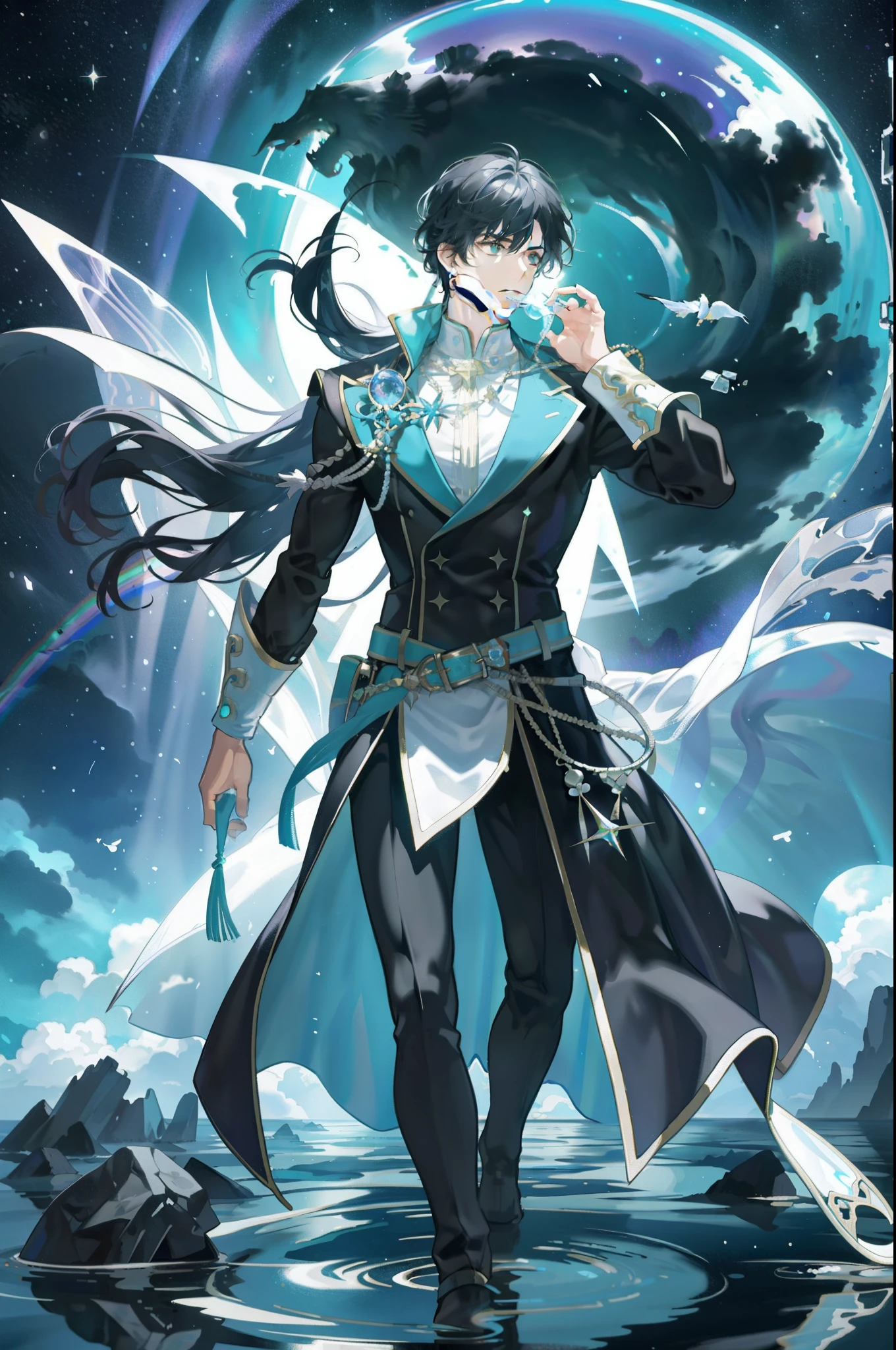 Masterpiece, Need for Good, 1 Man, Adult,, Tall Muscle Man, Dark Theme, Magic Array, Bubble, Rainbow Sunlight, Underwater, Reflector, Floating Glass Sheet, Rainbow Light, Bubble Swirl, Wind Vortex, Aurora, Fantasy Landscape, Starlight Around Characters, (Full body)