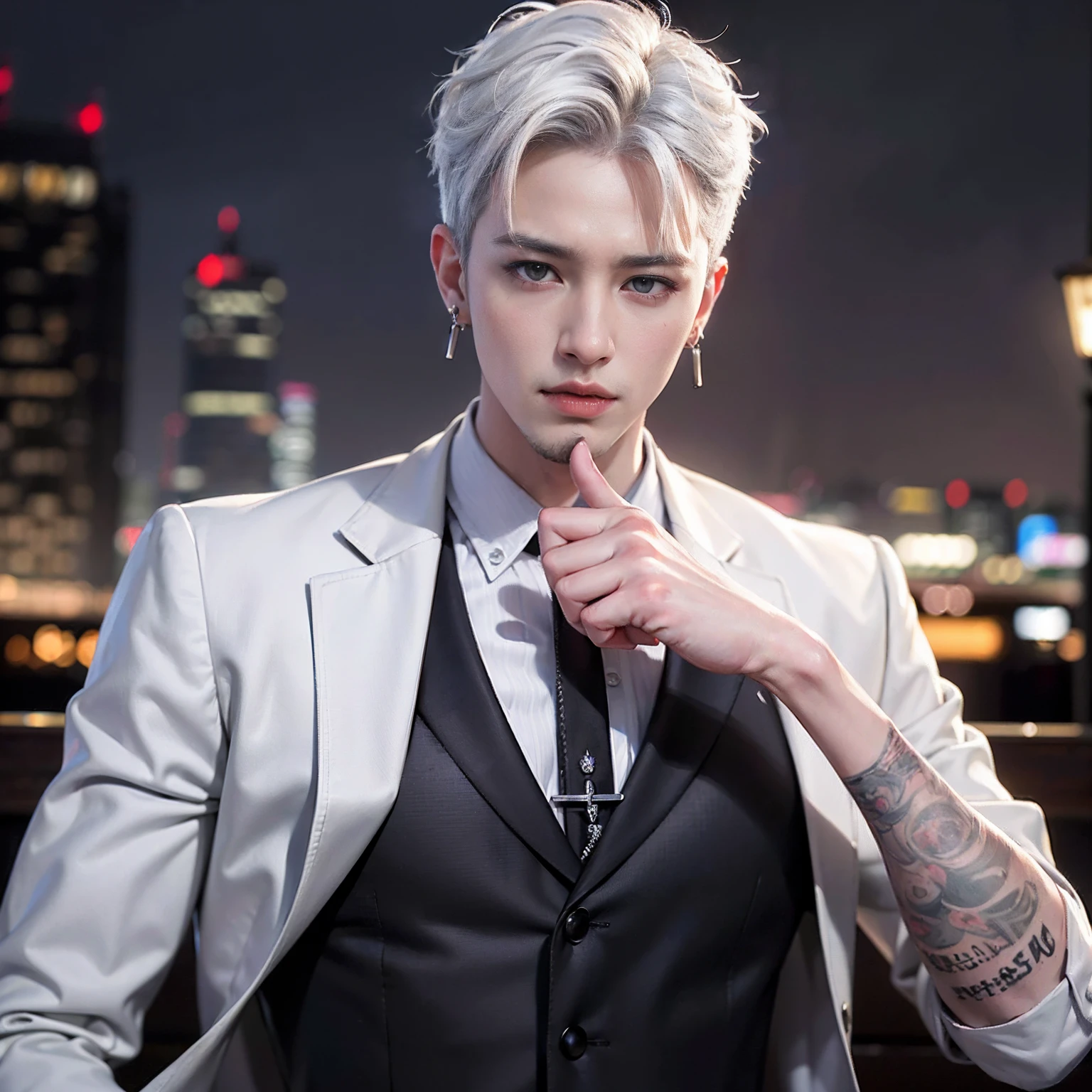 (8k photo, best quality, masterpiece:1.2),(realistic, photo-realistic:1.37) young ,handsome man, Mark Tuan, Got7, white skin, detail face, grey bright eye, white hair, black suit, bad boy, yakuza, tattoo, smoke cigarrate, a lots gangster night town in backdrop, action pose, skull earring, necklage,