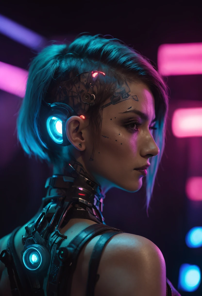 Designer de imagem "Cyberpunk & Realistic". Futuristic depiction of a perfectly tattooed woman with high-tech mechanical prosthetics. Embrace the cyberpunk aesthetic with neon lights and bright tattoos, maintaining the realistic portrayal of its features. "The lighting" Dynamic neon lighting with natural light sources to highlight cyberpunk tattoos and prosthetics, mantendo sombras e destaques realistas. "Camera positioning" Off-center and close-up camera positioning, Capturing dynamic pose to show off cyberpunk tattoos and high-tech prosthetics in detail. "Paleta de cores" Cyberpunk-inspired color palette with neon tones like electric blue, rosa fluorescente, e verde brilhante, complemented by realistic skin tones and metallic details for representation of advanced technology, cabelo branco