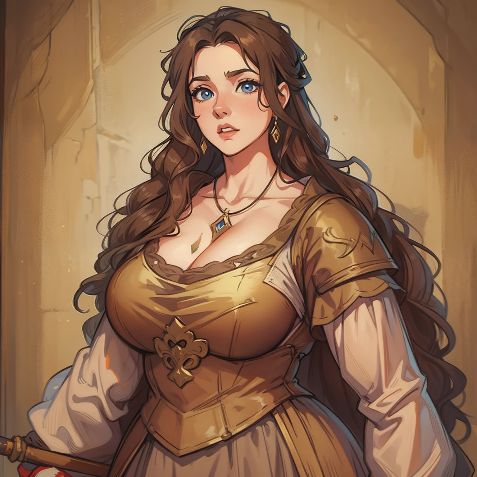 a portrait of a curvy woman neckline large boobs random an NPC for a medieval RPG wearing medieval costumes in a medieval art RPG art a rough detail art