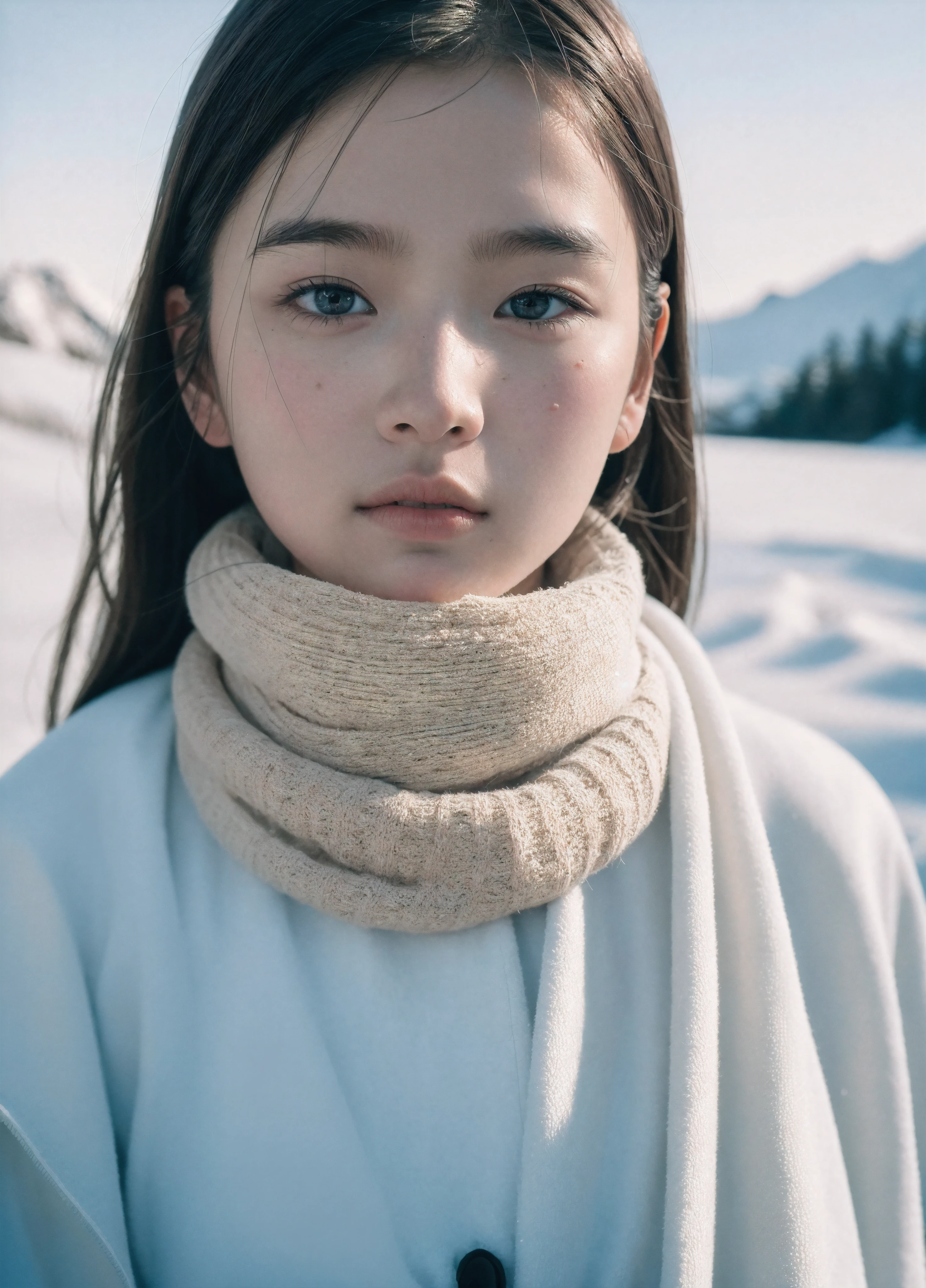 masterpiece,(best quality:1.3),ultra high res,raw photo,detailed skin,style: realistic pictures,
1girl,chilly nature documentary film photography,snow mountain environment,natural light,a clear face,minor acne,