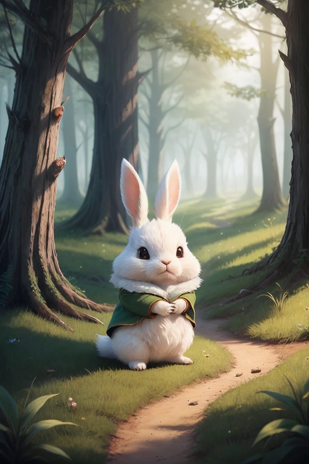 A white rabbit sitting on the ground in a forest - SeaArt AI