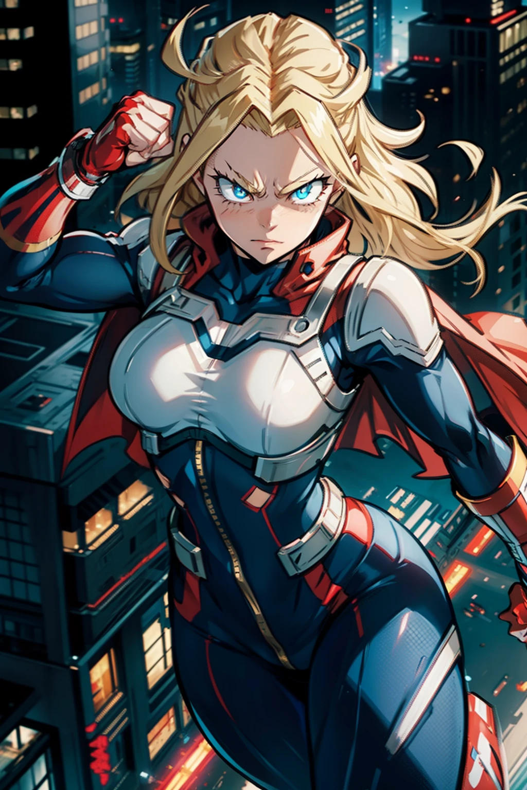 all might as a female, superhero, red cape, full body suit, ((my hero academia style)), detailed face, fist, RTX, unreal engine, day time, city, flight, blonde, blue eyes, glowing eyes, strong, muscular, adult