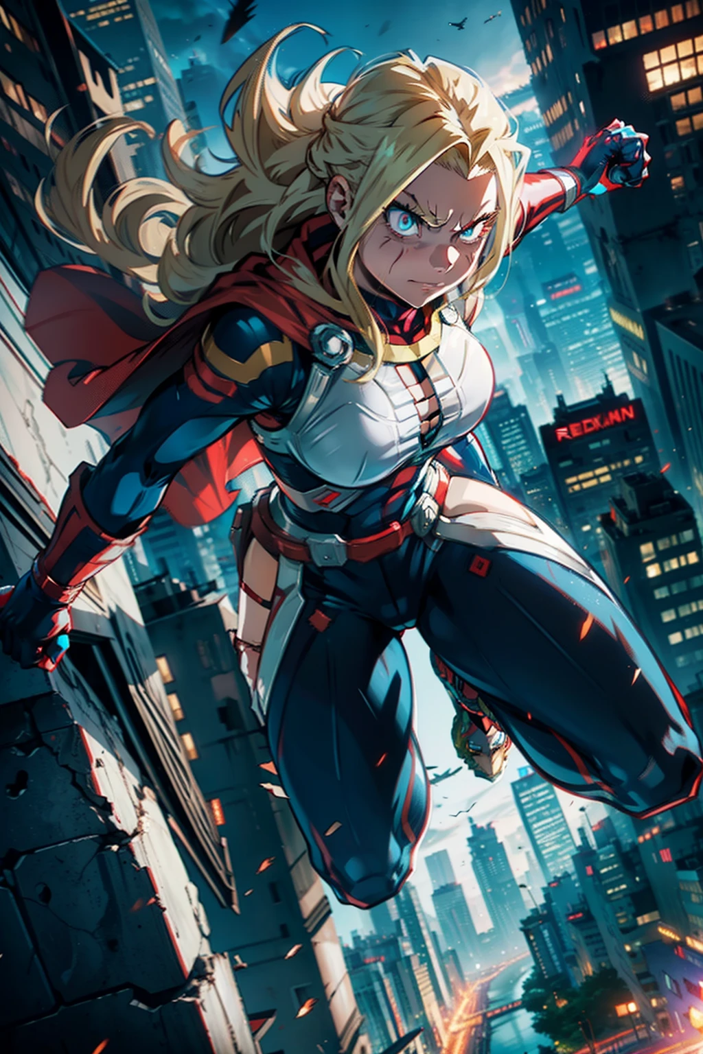 all might as a female, superhero, red cape, full body suit, ((my hero academia style)), detailed face, fist, RTX, unreal engine, day time, city, flight, blonde, blue eyes, glowing eyes, strong, muscular, adult