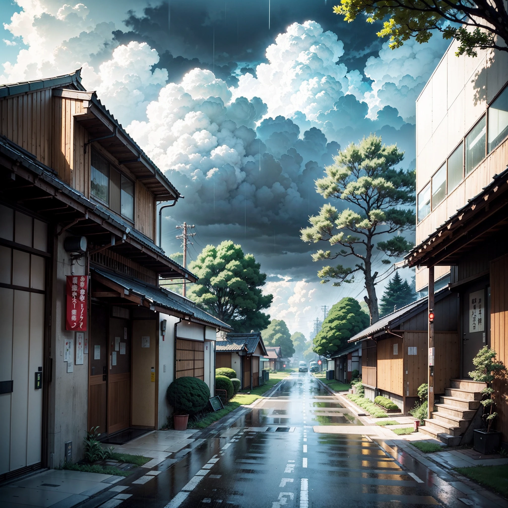 raining, gloomy weather. Japanese bus stop, surrounded by trees and vegetation on one side of the street and modern japanese buildings on the other side. Best quality. No one in sight. Anime. Anime style. lofi. dramatic weather. wide view, wide angle. Next to street. Modern village