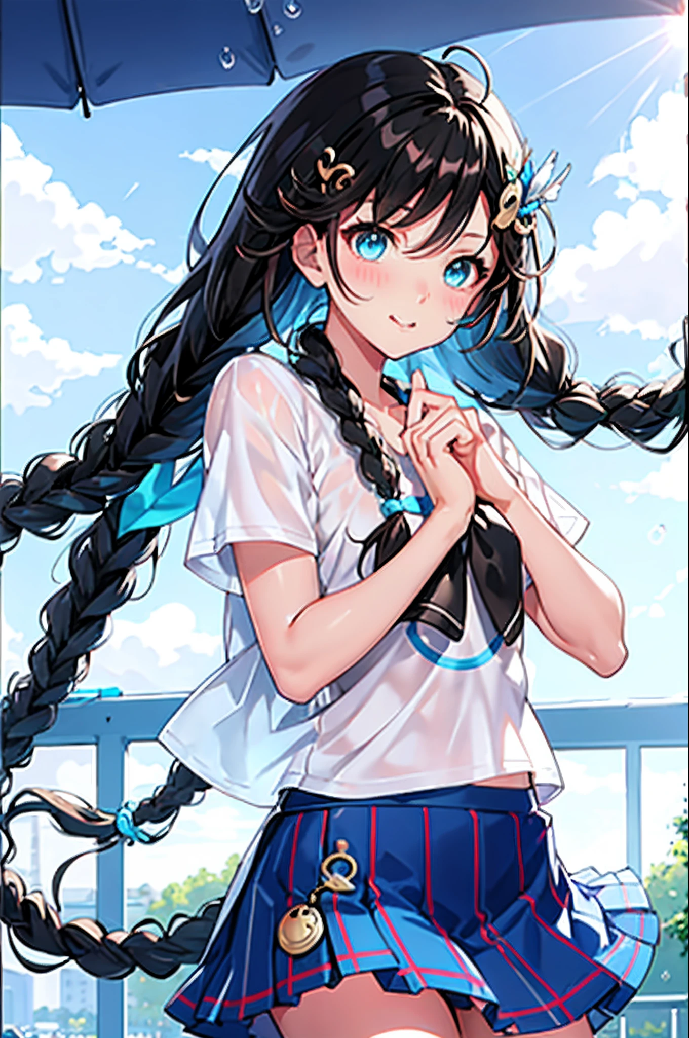 Highest quality、Masterpiece、Black medium hair、(Sleeveless、Sailor collar、White shirt:1.2)、high-waisted shorts、black culottes、(Petite、:1.3)、flat body、Yellow ribbon、Blue Eyes、Straw hat、