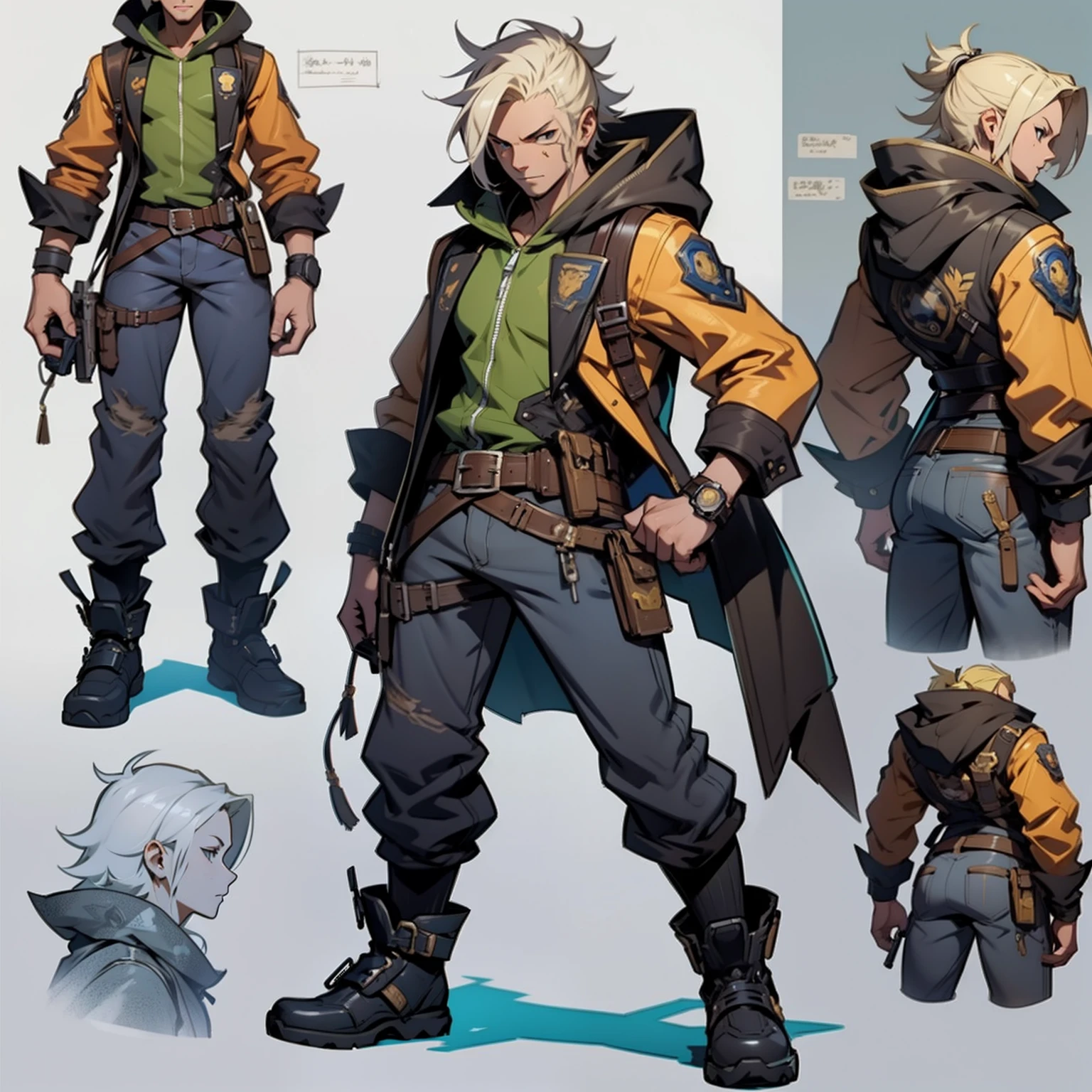 Close-up of a man in a gun costume, ((character concept art)), ((character design sheet, same character, front, side, back)) maple story character art, video game character design, video game character design, maple story gun girl, expert high detail concept art, metal bullet concept art, funny character design, Lucio as a woman, gravity rush inspiration, sticky tar. Concept art, belt buckle at waist, steampunk weapon,