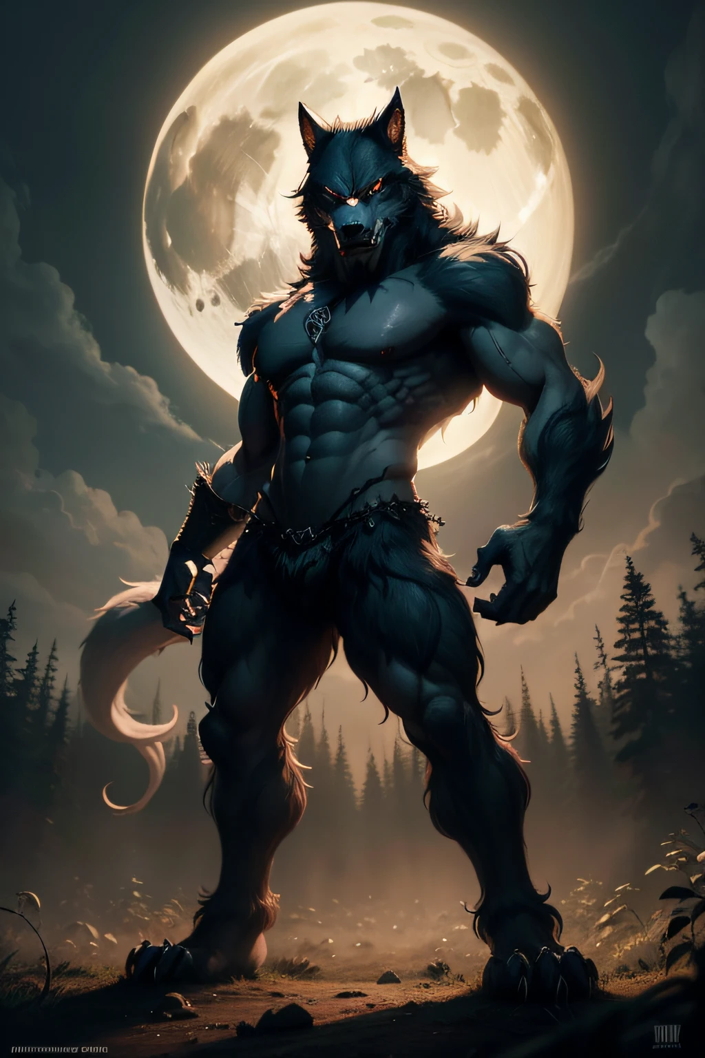 Create an image of a werewolf standing with large claws, fundo uma floresta e uma lua cheia