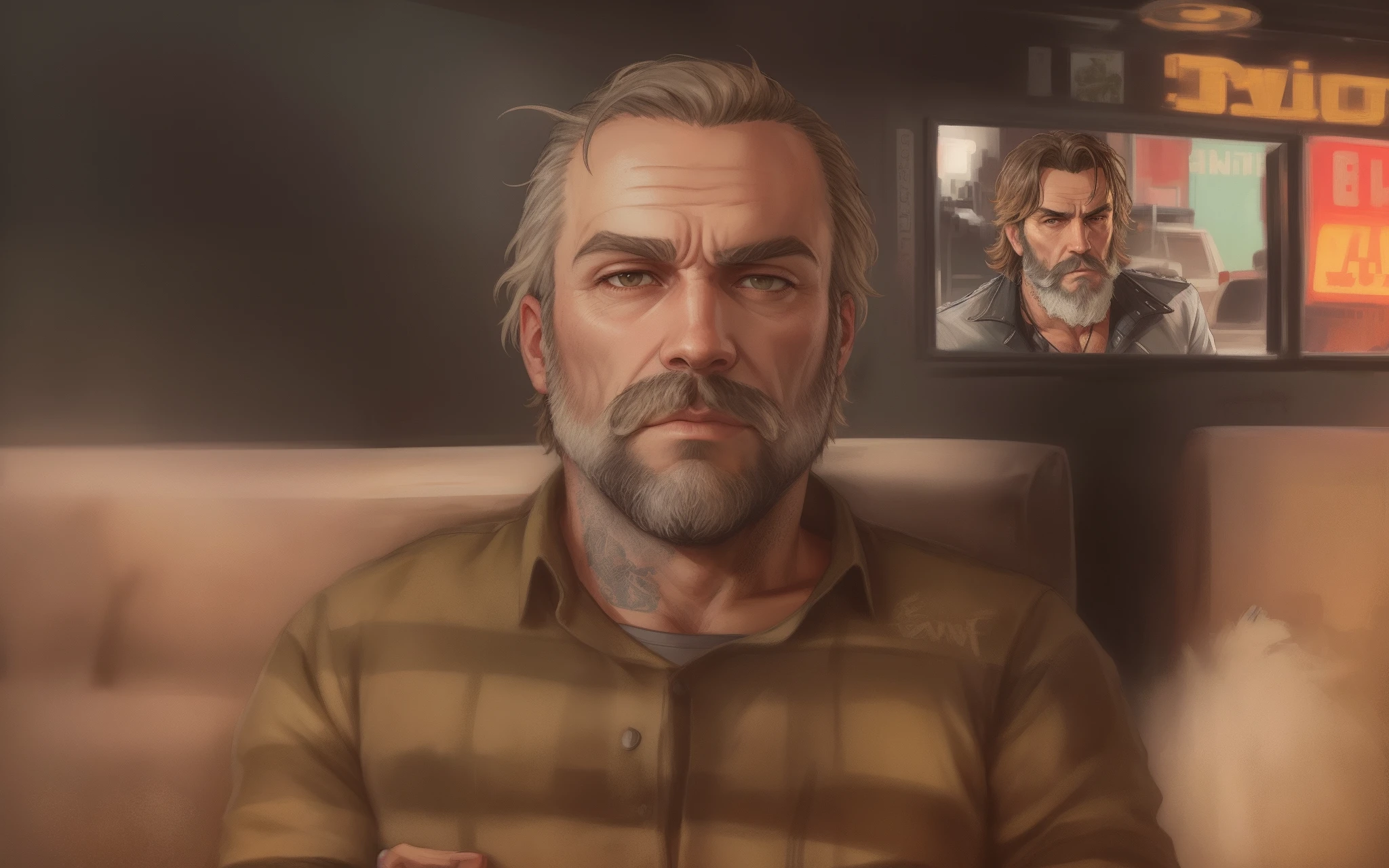 there is a man  Lester Crest (also known as Long John Teabag/LJT) from GTA V with a beard and a plaid shirt, style of gta v artworks, gta v art, as the protagonist of gta 5, gta v character Lester Crest (also known as Long John Teabag/LJT), gta art, gta v loading screen art, gta character, as a Lester character from gtav, art gta 5 comics, 2d game art gta5 cover, gta art style, rockstar games art