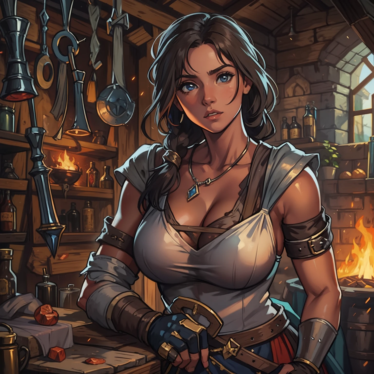 (1girl, NefertariViviV3), (extremely detailed CG unit 8k wallpaper),(master part), (best quality), (ultra detail), (best illustration),(style of Dan Mumford), cowboy shot, (Sharp eyeliner, ombre, detail eyes:1), dark tavern interiors background, ,break , (salvagepirateworld), upper body,