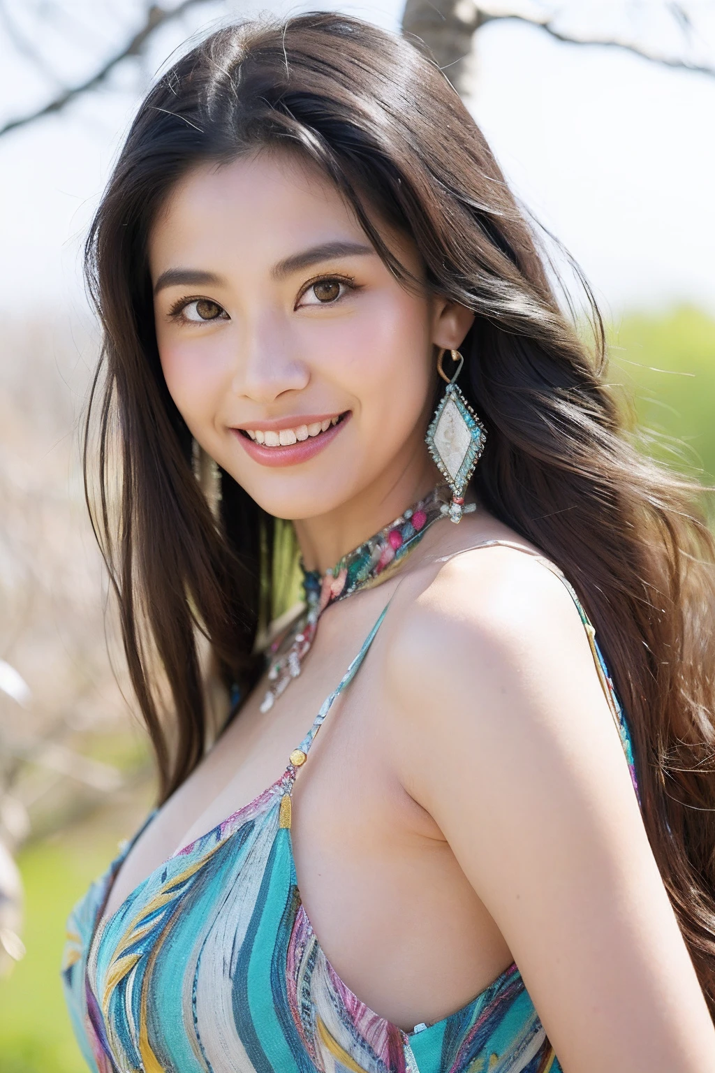 photography of 2 stunning girl, in the city, wearing black skirt, enjoying, girl, summer, hot girl, (((medium bust))), brunette hair, long_hair, looks into the camera, symmetrical face, photorealistic, photography, spectacular lighting,, gorgeous, cleavage, western, (masterpice), best quality, high resolution, extremely detailed, skin with pores, blurred background, depth of field, cinematic lighting, Uzbekistan,Wear traditional Uzbek clothes, Wear traditional Uzbek earrings