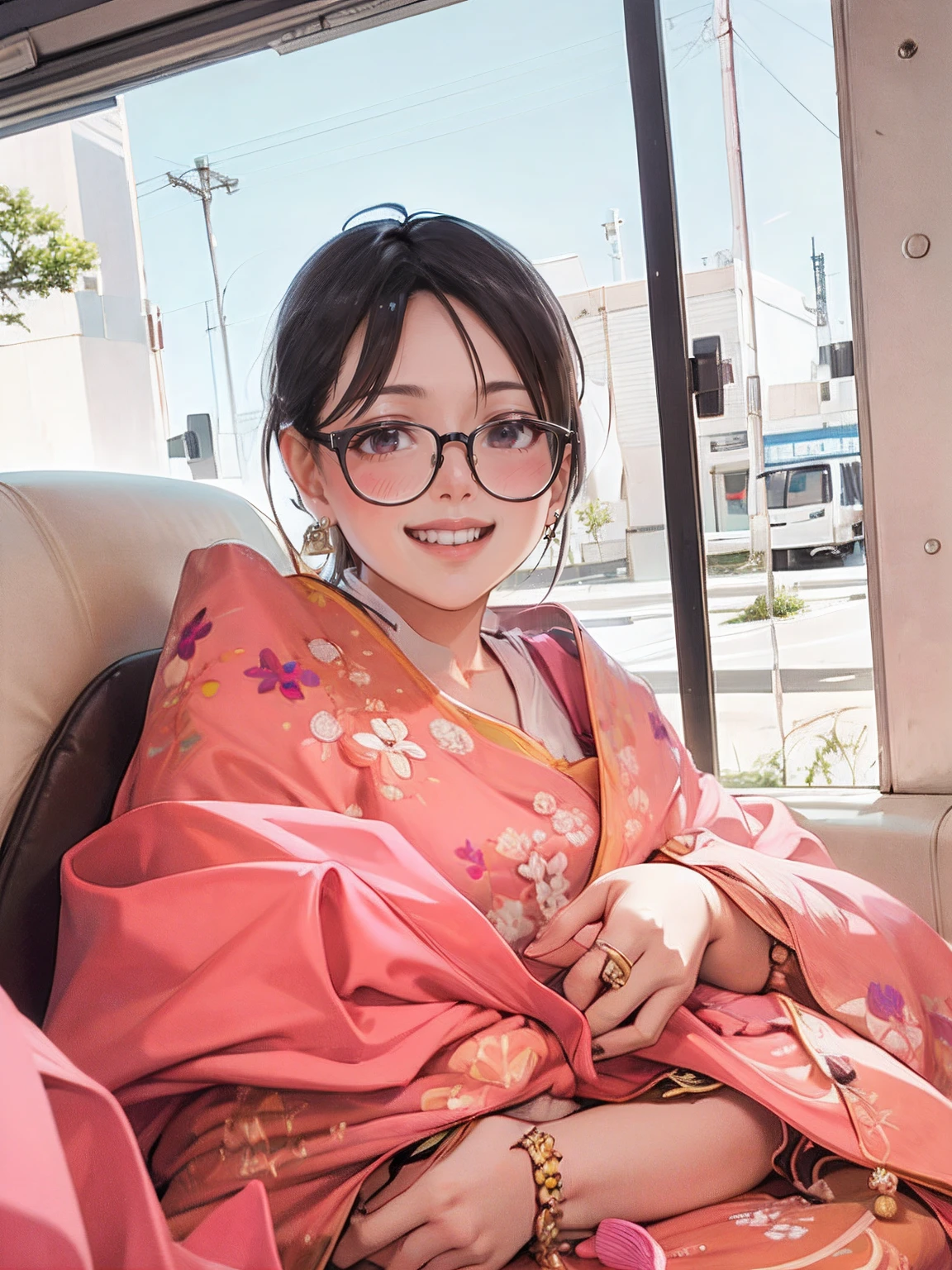 arafed woman sitting in a bus with a pink blanket, nivanh chanthara, a young asian woman, photo taken in 2 0 2 0, she is smiling and excited, with a happy expression, young himalayan woman, she is smiling and happy, xintong chen, beautiful young himalayan woman, wenfei ye, student, chinese girl, chinese woman