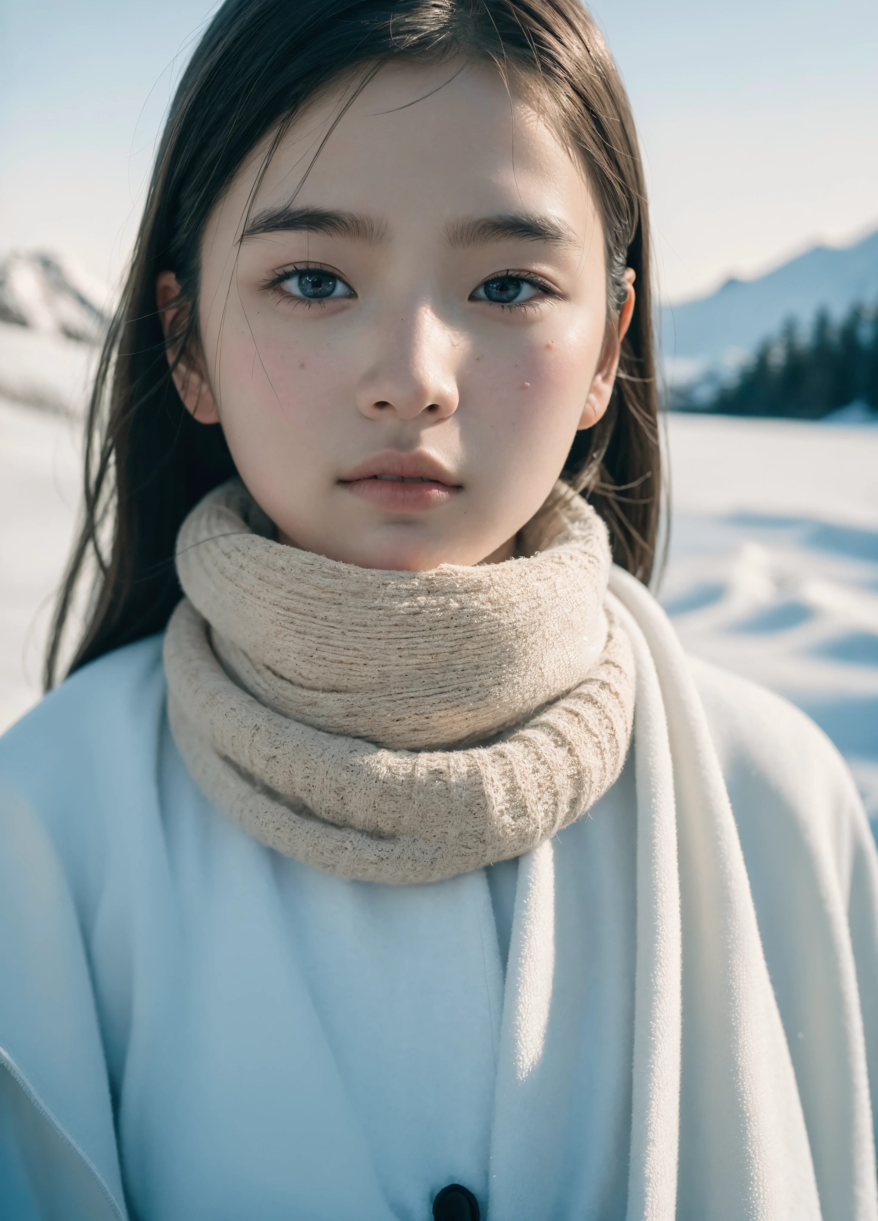 masterpiece,(best quality:1.3),ultra high res,raw photo,detailed skin,style: realistic pictures,
1girl,chilly nature documentary film photography,snow mountain environment,natural light,a clear face,minor acne,