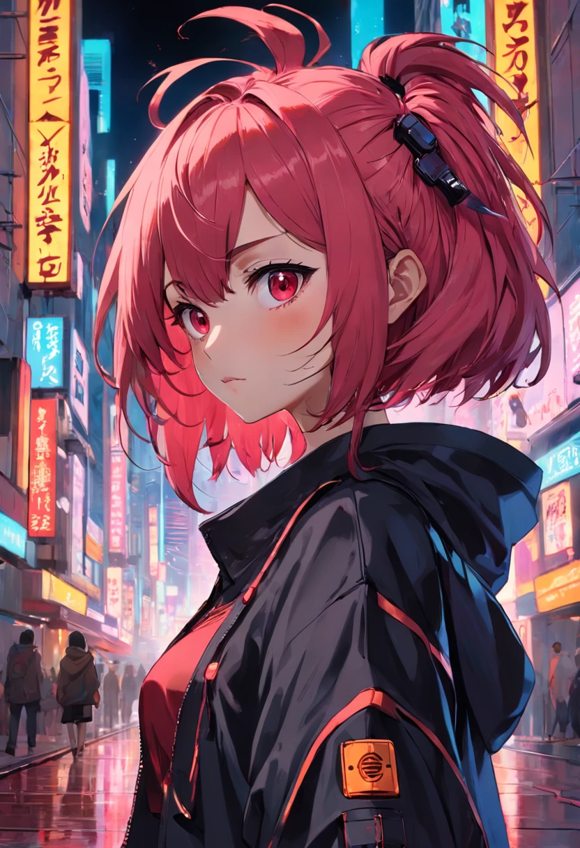 1girl, Pelo rojo, pelo corto, ojos rosados, Ropa cyberpunk