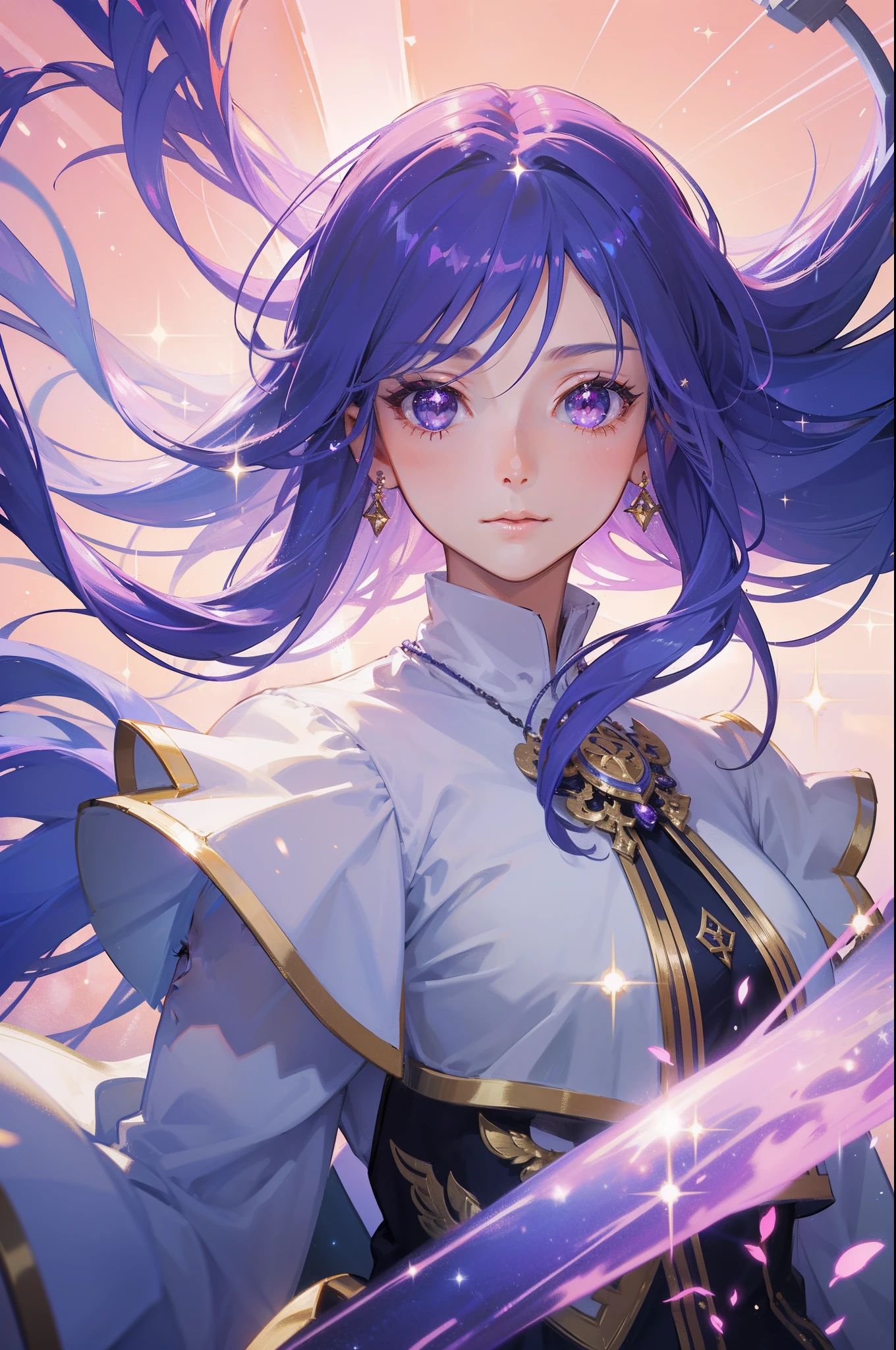 masterpiece, best quality, beautiful detailed hair detailed face, perfect feminine face, a beautiful and cute girl with sparkling and glowing purple hair, floating hair by wind, (sparkle particle), lens flare, sharp focus, volumetric lighting