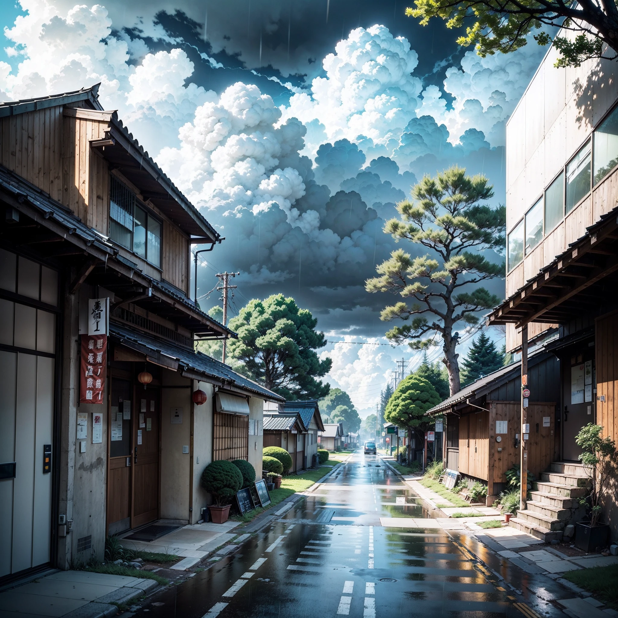 raining, gloomy weather. Japanese bus stop, surrounded by trees and vegetation on one side of the street and modern japanese buildings on the other side. Best quality. No one in sight. Anime. Anime style. lofi. dramatic weather. wide view, wide angle. Next to street. Modern village